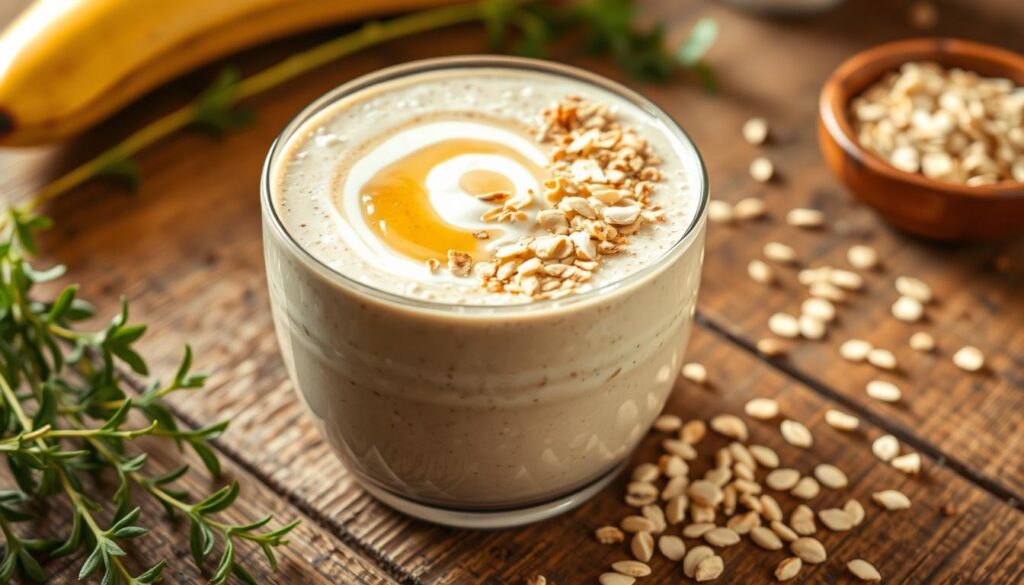 A fresh, creamy oatmeal smoothie with a blend of Health Conservatory organic rolled oats, ripe bananas, almond milk, and a touch of vanilla extract. Swirls of natural honey and a sprinkling of toasted coconut flakes adorn the surface, creating a visually appealing and nourishing vegan breakfast drink. The scene is bathed in warm, soft lighting, with the smoothie bowl positioned on a rustic wooden table, surrounded by fresh herbs and a few oat grains scattered artfully in the foreground. A fresh, creamy oatmeal smoothie with a blend of Health Conservatory organic rolled oats, ripe bananas, almond milk, and a touch of vanilla extract. Swirls of natural honey and a sprinkling of toasted coconut flakes adorn the surface, creating a visually appealing and nourishing vegan breakfast drink. The scene is bathed in warm, soft lighting, with the smoothie bowl positioned on a rustic wooden table, surrounded by fresh herbs and a few oat grains scattered artfully in the foreground.