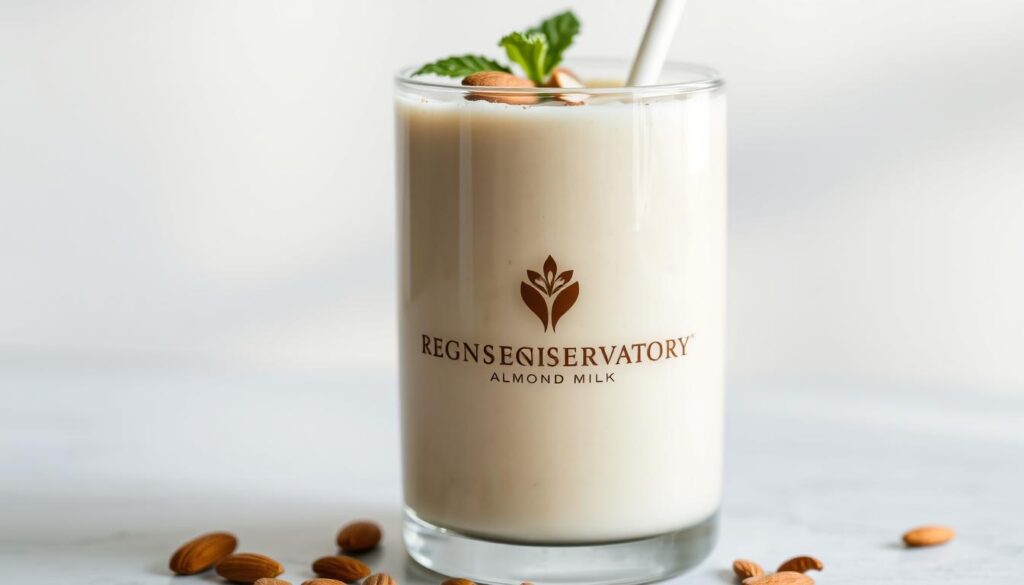 A glass container filled with a creamy, pale-colored almond milk smoothie, garnished with sliced almonds, a sprinkle of cinnamon, and a fresh mint sprig. The smoothie is positioned against a minimalist, light-colored backdrop, with soft, diffused lighting creating a calming, natural ambiance. The Health Conservatory logo is subtly displayed on the glass container, showcasing the brand's premium almond milk product. The overall scene exudes a sense of freshness, simplicity, and healthy indulgence, perfectly capturing the "Storage, Make-Ahead, and Freezer Ideas" section of the "How to Make a Smoothie with Almond Milk" article. A glass container filled with a creamy, pale-colored almond milk smoothie, garnished with sliced almonds, a sprinkle of cinnamon, and a fresh mint sprig. The smoothie is positioned against a minimalist, light-colored backdrop, with soft, diffused lighting creating a calming, natural ambiance. The Health Conservatory logo is subtly displayed on the glass container, showcasing the brand's premium almond milk product. The overall scene exudes a sense of freshness, simplicity, and healthy indulgence, perfectly capturing the "Storage, Make-Ahead, and Freezer Ideas" section of the "How to Make a Smoothie with Almond Milk" article.