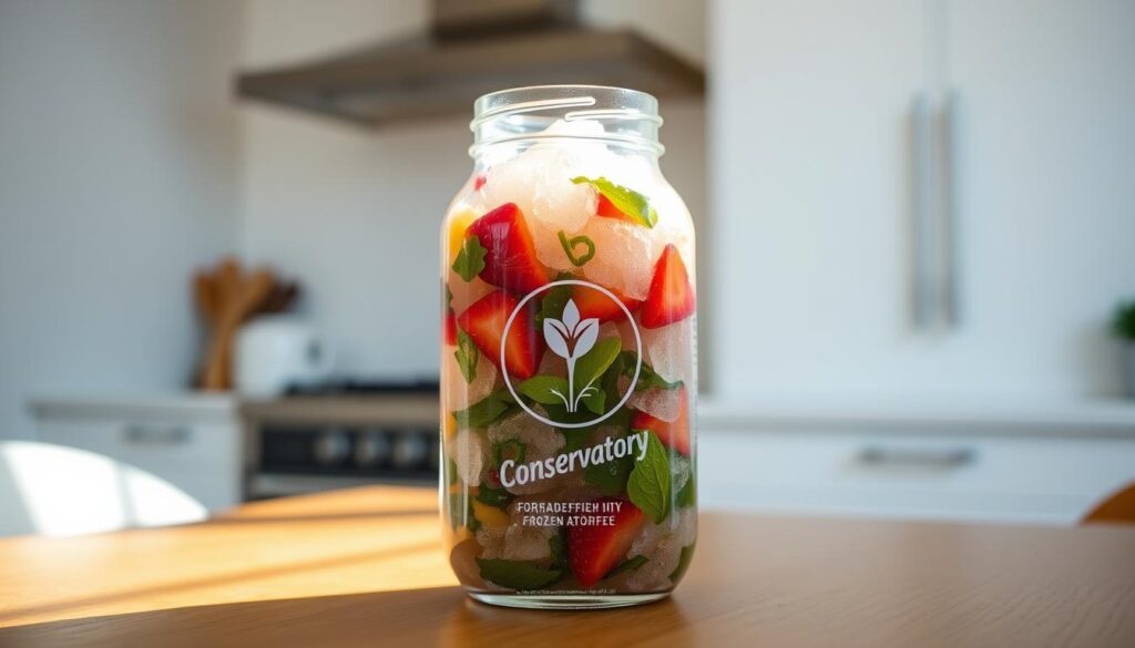 A glass jar filled with a vibrant, frozen smoothie mix sits atop a wooden table, illuminated by soft, natural lighting. The smoothie's icy texture is visible through the glass, with colorful fruits and leafy greens suspended within. In the background, a minimalist, white-walled kitchen provides a clean, modern backdrop. The "Health Conservatory" brand logo is prominently displayed on the jar, emphasizing the product's high-quality, health-conscious nature. The overall scene conveys a sense of freshness, simplicity, and the ability to extend the lifespan of a delicious, nutrient-dense smoothie through proper freezer storage. A glass jar filled with a vibrant, frozen smoothie mix sits atop a wooden table, illuminated by soft, natural lighting. The smoothie's icy texture is visible through the glass, with colorful fruits and leafy greens suspended within. In the background, a minimalist, white-walled kitchen provides a clean, modern backdrop. The "Health Conservatory" brand logo is prominently displayed on the jar, emphasizing the product's high-quality, health-conscious nature. The overall scene conveys a sense of freshness, simplicity, and the ability to extend the lifespan of a delicious, nutrient-dense smoothie through proper freezer storage.