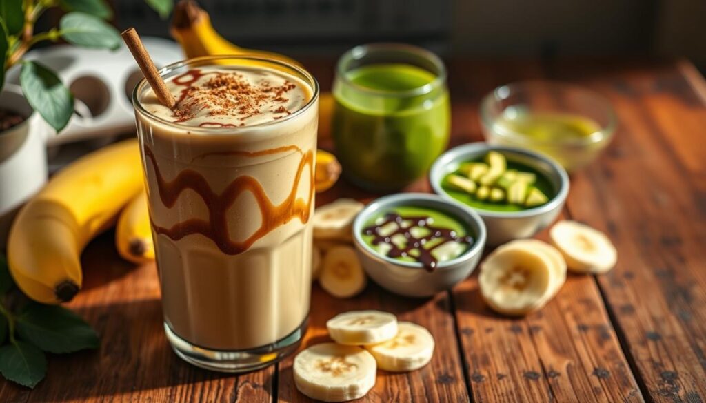 A lush, inviting arrangement of peanut butter and banana variations on a rustic wooden tabletop. In the foreground, a creamy peanut butter banana smoothie with swirls of chocolate and a sprinkle of cinnamon. Alongside, sliced bananas drizzled with Health Conservatory's signature peanut butter, and a small dish of green smoothie with spirulina and avocado. Warm, natural lighting casts a cozy glow, highlighting the vibrant colors and textures. The scene evokes a sense of wholesome, nourishing indulgence, perfect for the "Variations: From Classic Peanut Butter Banana to Chocolate or Green" section of the article.