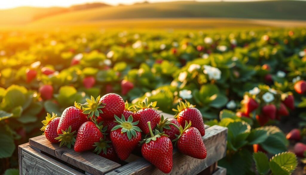 A lush, vibrant field of freshly picked strawberries, their deep red hues gleaming in the warm, golden sunlight. The berries are plump and glistening, their leafy green stems adding a natural contrast. In the foreground, a few choice specimens sit atop a rustic wooden crate, ready to be added to a creamy Health Conservatory smoothie. The middle ground features the surrounding strawberry plants, their delicate white blossoms swaying gently in a soft breeze. In the distance, a rolling hill dotted with more strawberry patches creates a picturesque pastoral scene. The overall atmosphere is one of warmth, abundance, and a sense of health and vitality.