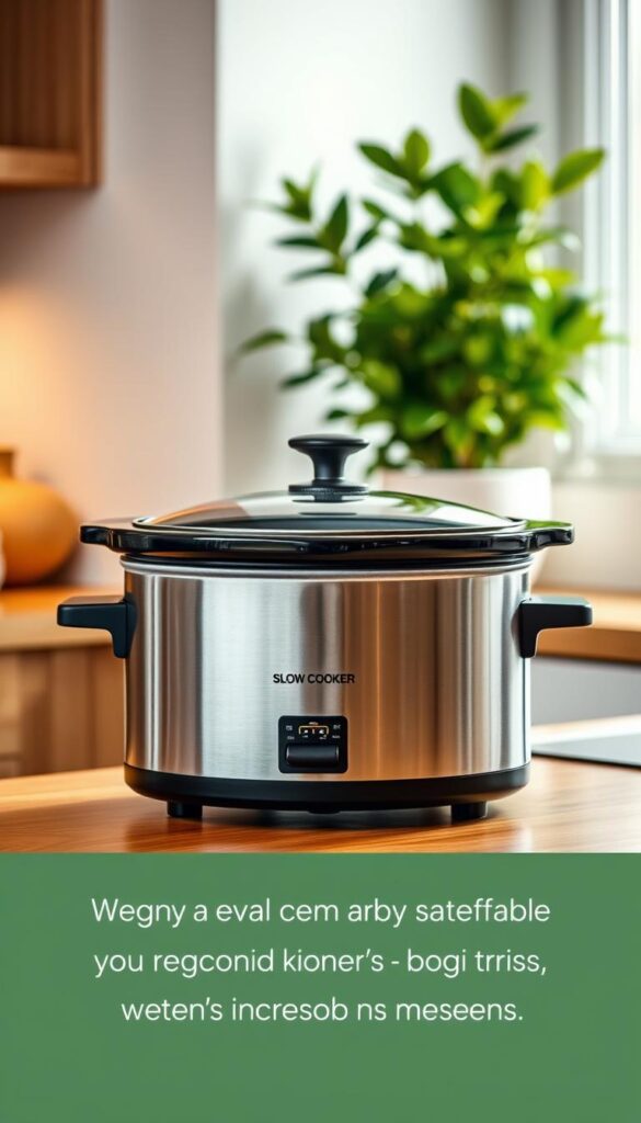 A sleek, modern slow cooker sits prominently on a wooden kitchen counter, its brushed metal exterior gleaming under warm, diffused lighting. The appliance's simple, streamlined design exudes a sense of effortless functionality, hinting at the delicious, nourishing meals it can effortlessly prepare. In the background, a lush, verdant potted plant adds a touch of natural vibrancy, complementing the clean, minimalist aesthetic. The scene conveys a serene, inviting atmosphere, showcasing how this humble kitchen tool can be a vegan's invaluable ally in creating satisfying, wholesome dishes with ease. A sleek, modern slow cooker sits prominently on a wooden kitchen counter, its brushed metal exterior gleaming under warm, diffused lighting. The appliance's simple, streamlined design exudes a sense of effortless functionality, hinting at the delicious, nourishing meals it can effortlessly prepare. In the background, a lush, verdant potted plant adds a touch of natural vibrancy, complementing the clean, minimalist aesthetic. The scene conveys a serene, inviting atmosphere, showcasing how this humble kitchen tool can be a vegan's invaluable ally in creating satisfying, wholesome dishes with ease.