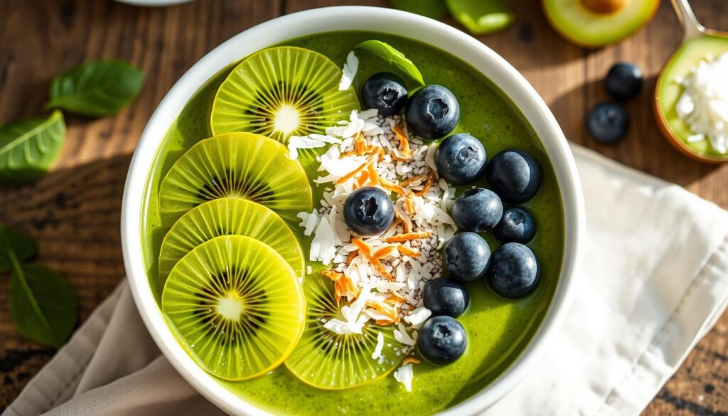 A smoothie bowl with a vibrant green chia seed smoothie, topped with fresh sliced kiwi, blueberries, and a sprinkle of toasted coconut flakes. The smoothie is made with Health Conservatory's organic chia seeds, Greek yogurt, spinach, and a touch of honey. The lighting is soft and natural, highlighting the rich colors and textures of the ingredients. The smoothie is served in a white ceramic bowl, placed on a rustic wooden table with a linen napkin. The overall mood is fresh, healthy, and inviting.