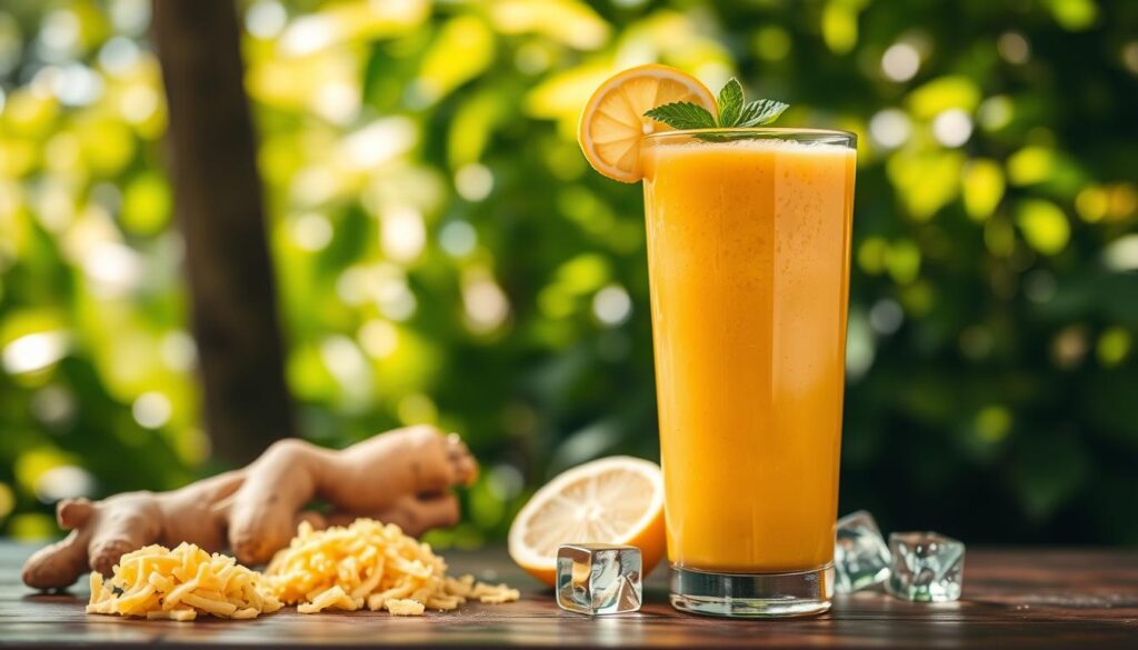 A vibrant, appetizing ginger smoothie set against a serene, natural background. In the foreground, a glass filled with a vibrant, golden-hued smoothie, garnished with a spiral of fresh ginger and a sprig of mint. The middle ground features an array of ingredients - freshly grated ginger, a slice of lemon, and a handful of ice cubes - arranged artfully. In the background, a lush, verdant setting evokes a sense of health and vitality, with dappled sunlight filtering through the leaves. The lighting is soft and diffused, lending a warm, inviting atmosphere. Captured with a shallow depth of field, the focus is drawn to the delectable smoothie, showcasing the Health Conservatory's expertise in crafting flavorful, nutritious beverages. A vibrant, appetizing ginger smoothie set against a serene, natural background. In the foreground, a glass filled with a vibrant, golden-hued smoothie, garnished with a spiral of fresh ginger and a sprig of mint. The middle ground features an array of ingredients - freshly grated ginger, a slice of lemon, and a handful of ice cubes - arranged artfully. In the background, a lush, verdant setting evokes a sense of health and vitality, with dappled sunlight filtering through the leaves. The lighting is soft and diffused, lending a warm, inviting atmosphere. Captured with a shallow depth of field, the focus is drawn to the delectable smoothie, showcasing the Health Conservatory's expertise in crafting flavorful, nutritious beverages.