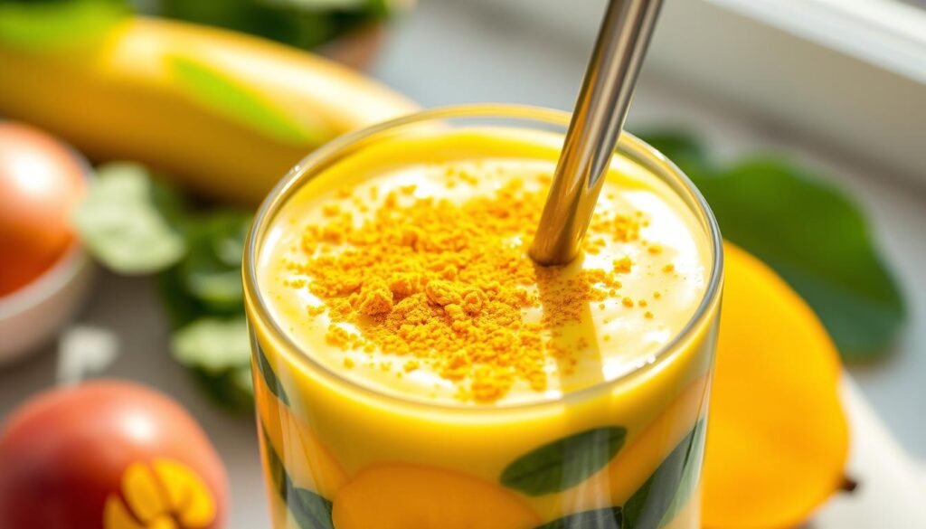 A vibrant, appetizing prep-ahead breakfast smoothie from the Health Conservatory, featuring a blend of fresh fruits, leafy greens, and the warm, golden hue of turmeric. Soft natural lighting illuminates the smoothie's thick, creamy texture, captured in a medium close-up shot from a low angle. The layered ingredients, including spinach, banana, mango, and a generous sprinkle of turmeric, are clearly visible, creating an inviting and healthy display. The glass container reflects the smoothie's alluring color, while a stainless steel straw protrudes, ready for sipping. An airy, nourishing atmosphere pervades the scene, showcasing the prep-ahead potential of this turmeric-infused breakfast treat from the Health Conservatory.