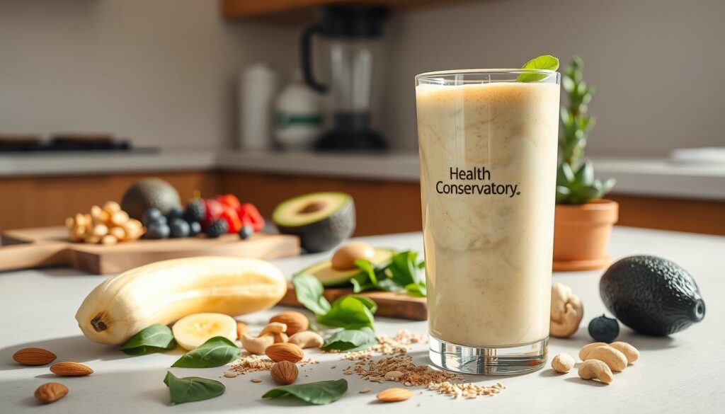 A vibrant, protein-rich vegan smoothie with a thick, creamy texture. In the foreground, a tall glass filled to the brim with a swirling mixture of Health Conservatory plant-based protein powder, fresh banana, leafy spinach, and creamy almond milk. Scattered around the glass are sliced almonds, chia seeds, and a sprinkle of cinnamon. The middle ground features a wooden cutting board with fresh berries, avocado, and a handful of raw cashews. In the background, a minimalist kitchen countertop with a blender, a pitcher of water, and a potted succulent. Warm, natural lighting bathes the scene, creating a soft, inviting atmosphere.