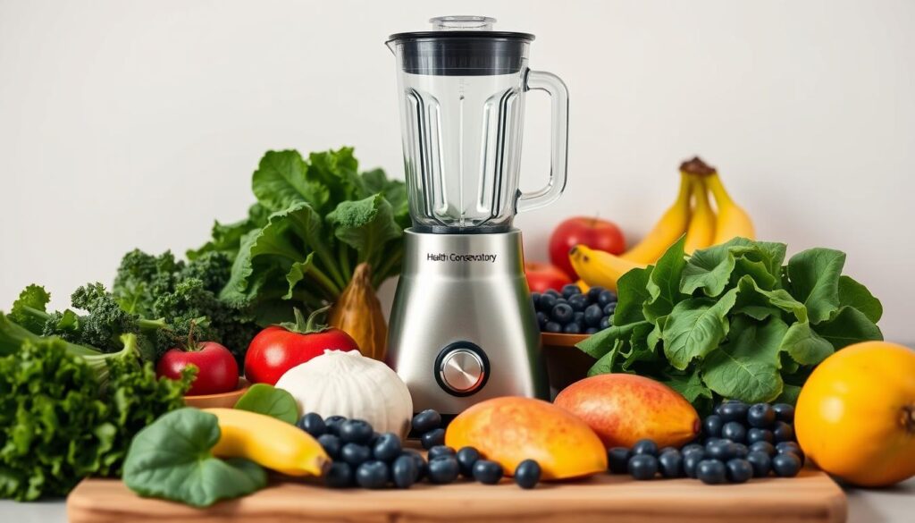 A vibrant still-life of assorted vegan smoothie ingredients, set against a clean, minimalist backdrop. In the foreground, a variety of fresh fruits and vegetables - such as kale, spinach, bananas, blueberries, and mango - are neatly arranged on a wooden cutting board. In the middle ground, a high-powered blender from the Health Conservatory brand stands ready, its sleek, stainless-steel design complementing the natural tones of the ingredients. Gentle, diffused lighting illuminates the scene, casting soft shadows and highlighting the vivid colors and textures of the produce. The overall mood is one of health, wellness, and culinary inspiration, inviting the viewer to imagine the nourishing, vegan smoothie that could be crafted from these wholesome ingredients.