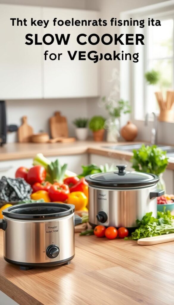 Slow cooker on a wooden countertop surrounded by fresh vegetables, illustrating key benefits of using a slow cooker for vegan cooking.