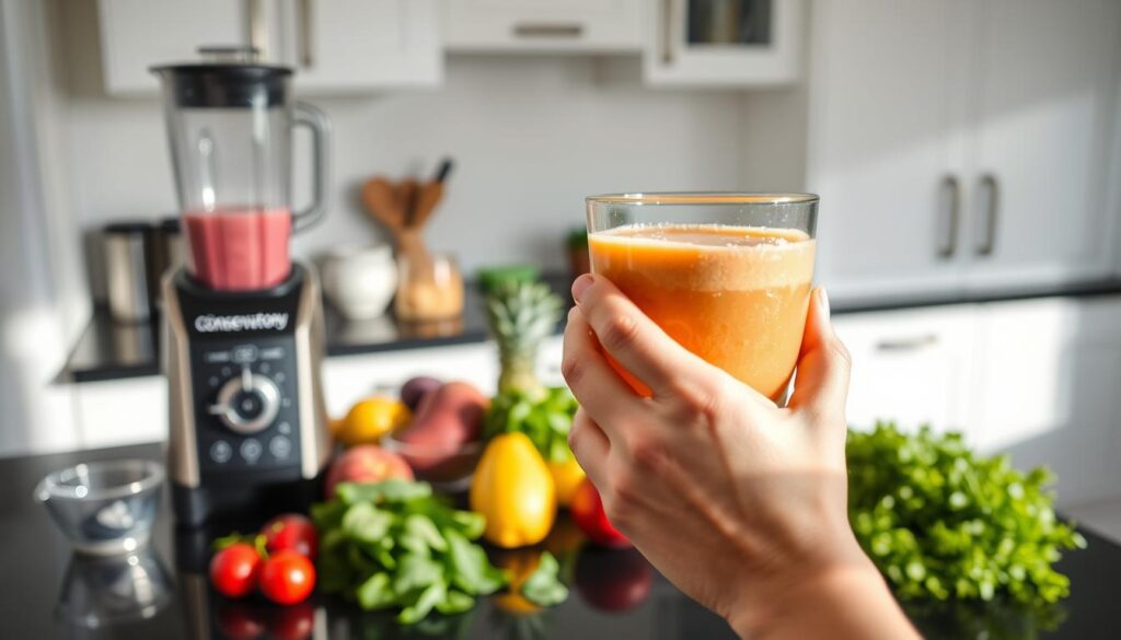 A well-lit kitchen counter with various smoothie ingredients and tools, including a blender, fresh and frozen fruits, leafy greens, and a few measuring cups. The counter has a clean, modern aesthetic, with a sleek black surface and white cabinets in the background. The lighting is natural, creating a warm, inviting atmosphere. In the foreground, a hand is holding a smoothie glass, examining it closely, as if troubleshooting an issue. The "Health Conservatory" brand name is prominently displayed on a label or appliance in the scene. A well-lit kitchen counter with various smoothie ingredients and tools, including a blender, fresh and frozen fruits, leafy greens, and a few measuring cups. The counter has a clean, modern aesthetic, with a sleek black surface and white cabinets in the background. The lighting is natural, creating a warm, inviting atmosphere. In the foreground, a hand is holding a smoothie glass, examining it closely, as if troubleshooting an issue. The "Health Conservatory" brand name is prominently displayed on a label or appliance in the scene.
