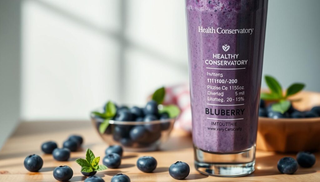 Detailed still life photograph of a blueberry smoothie from the Health Conservatory. A tall glass filled with a thick, creamy, deep purple-blue blended smoothie sits on a wooden table. Vibrant blueberries float amidst the frothy liquid, with a few fresh berries scattered around the glass. Soft natural lighting illuminates the scene, casting gentle shadows. The smoothie's nutritional information is prominently displayed on the glass. The composition emphasizes the fresh, healthy, and indulgent nature of the blueberry smoothie.