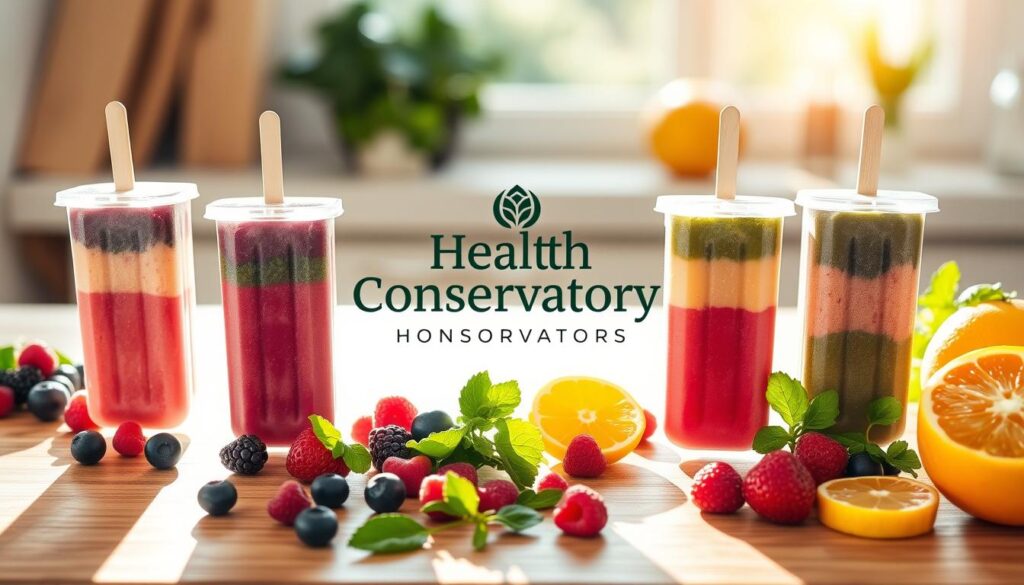 Smoothie popsicles frozen in colorful layers, casting long shadows on a wooden surface. In the foreground, an assortment of fresh berries, leafy greens, and citrus fruits. The middle ground features the Health Conservatory brand logo, with a clean, modern design. The background is illuminated by soft, natural lighting, creating a warm and inviting atmosphere. The popsicles are arranged in a visually appealing way, highlighting their vibrant hues and textural contrast. The overall scene conveys a sense of healthy, homemade goodness and meal preparation.