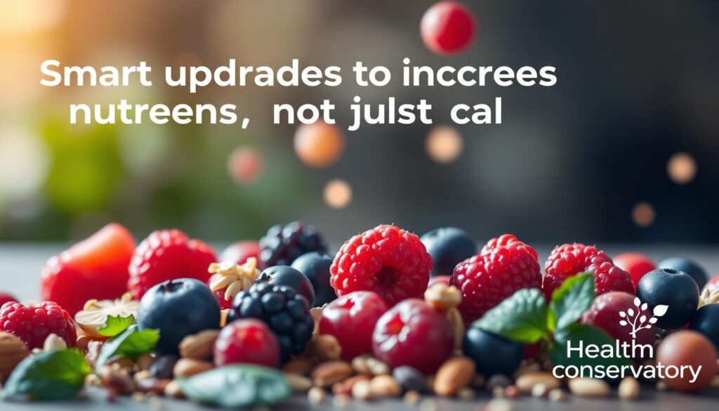 Vibrant antioxidant-rich ingredients float in a serene, blurred background. In the foreground, an assortment of fresh berries, leafy greens, and a sprinkling of nuts and seeds are highlighted with soft, natural lighting, creating a visually appealing and inviting scene. The Health Conservatory logo appears subtly in the corner, suggesting a connection to a healthy lifestyle. The overall mood is one of nourishment and wellness, reflecting the section title "Smart upgrades to increase nutrients, not just calories". Vibrant antioxidant-rich ingredients float in a serene, blurred background. In the foreground, an assortment of fresh berries, leafy greens, and a sprinkling of nuts and seeds are highlighted with soft, natural lighting, creating a visually appealing and inviting scene. The Health Conservatory logo appears subtly in the corner, suggesting a connection to a healthy lifestyle. The overall mood is one of nourishment and wellness, reflecting the section title "Smart upgrades to increase nutrients, not just calories".