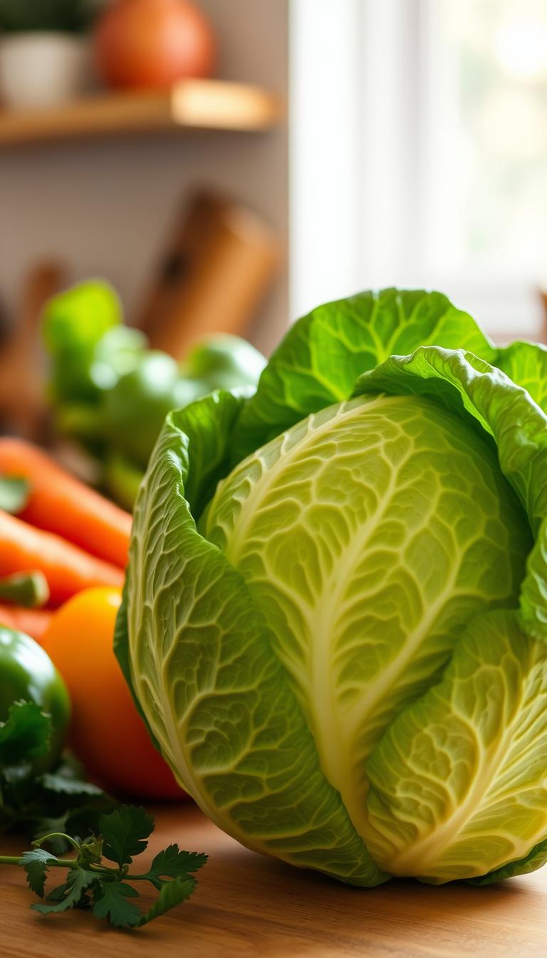 Fresh green cabbage with vibrant leaves, surrounded by carrots, bell peppers, and herbs, highlighting plant-based cooking for vegan recipes.