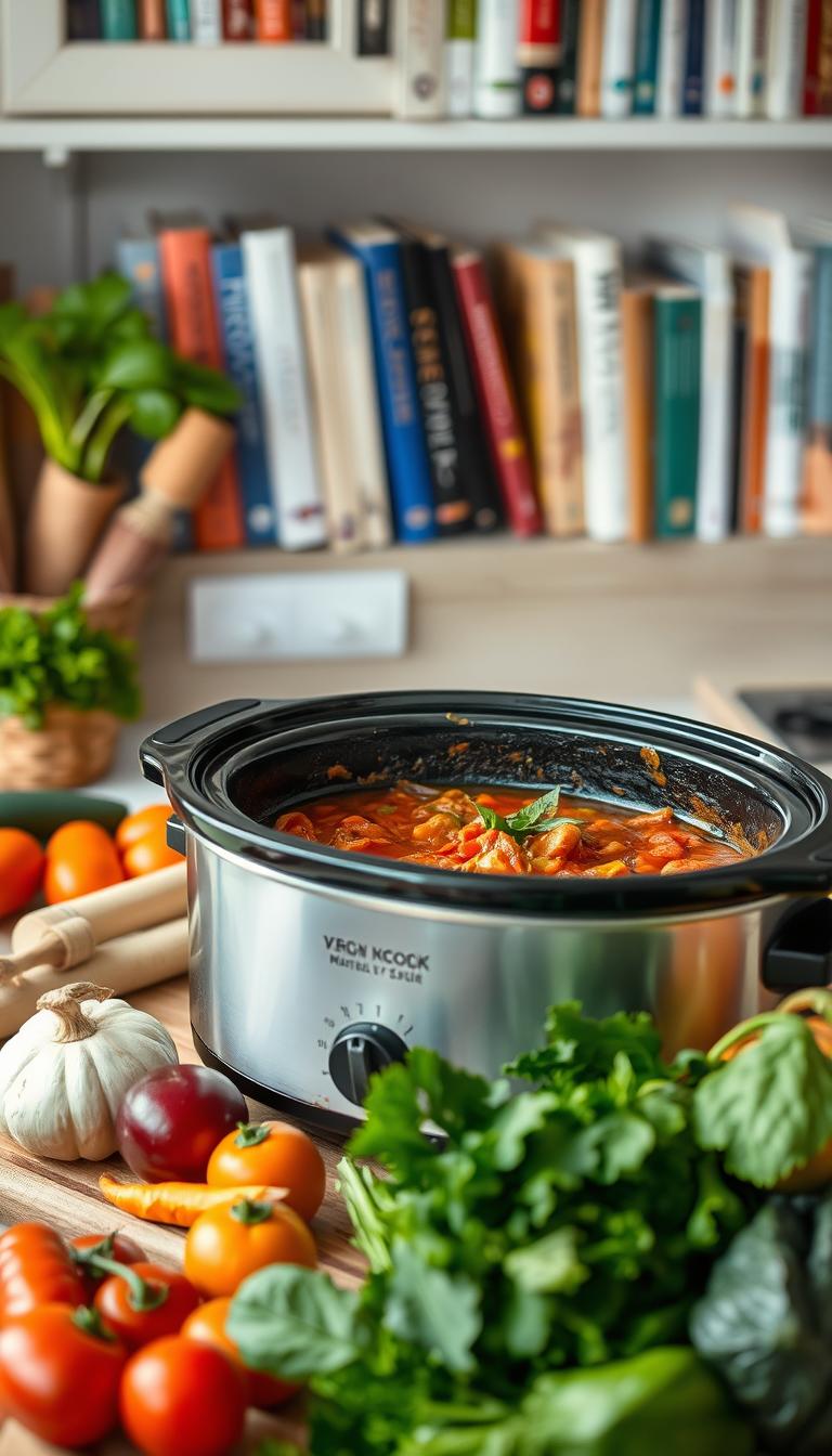 Vegan crockpot filled with simmering vegetable stew, surrounded by fresh tomatoes, garlic, and herbs, showcasing easy meal prep for busy lifestyles.