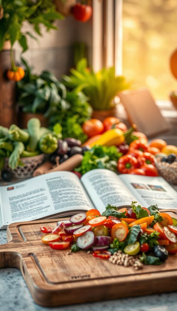 A beautifully lit kitchen counter, adorned with an array of fresh, vibrant vegetables, vibrant fruits, and whole grains. In the foreground, a wooden cutting board showcases an assortment of sliced produce, ready to be transformed into a delectable vegan dish. The middle ground features a collection of simple, yet enticing vegan recipes, their pages open and inviting, promising quick and easy preparation. The background is bathed in a warm, natural light, creating a cozy and welcoming atmosphere, perfect for a nourishing and satisfying vegan meal. A beautifully lit kitchen counter, adorned with an array of fresh, vibrant vegetables, vibrant fruits, and whole grains. In the foreground, a wooden cutting board showcases an assortment of sliced produce, ready to be transformed into a delectable vegan dish. The middle ground features a collection of simple, yet enticing vegan recipes, their pages open and inviting, promising quick and easy preparation. The background is bathed in a warm, natural light, creating a cozy and welcoming atmosphere, perfect for a nourishing and satisfying vegan meal.