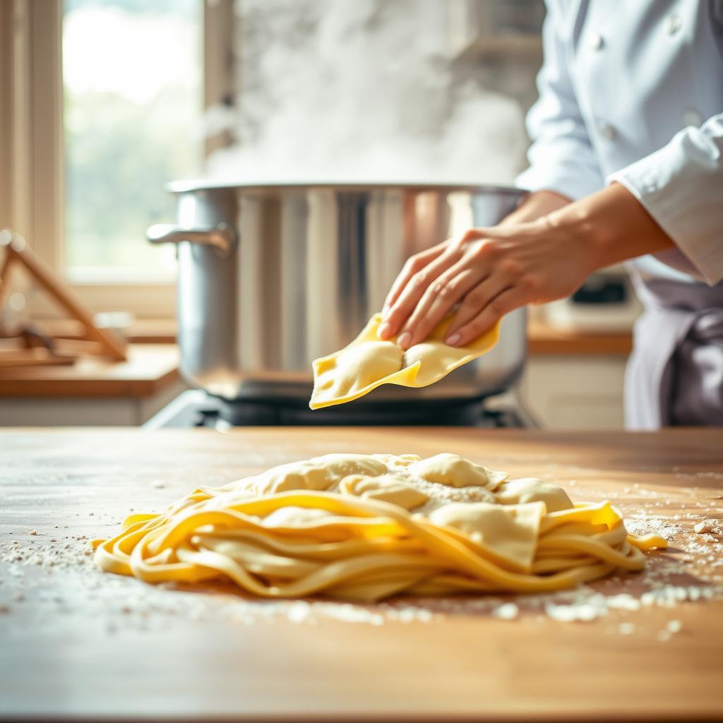A bright and airy kitchen scene, with a wooden table in the foreground. On the table, a pile of fresh pasta dough, expertly kneaded and rolled out, awaiting transformation into delicate ravioli. In the middle ground, a chef's hands carefully place the dough into a ravioli mold, sealing the edges with a gentle press. The background features a large, bubbling pot of boiling water, steam rising and casting a soft, diffused light across the scene. Warm, natural lighting illuminates the process, creating a sense of comfort and culinary expertise. The overall mood is one of focused, methodical preparation, inviting the viewer to imagine the satisfying crunch and savory filling of the final dish. Chef placing fresh pasta into boiling water, with a pile of homemade ravioli on a wooden table, emphasizing vegan cooking and pasta preparation techniques.