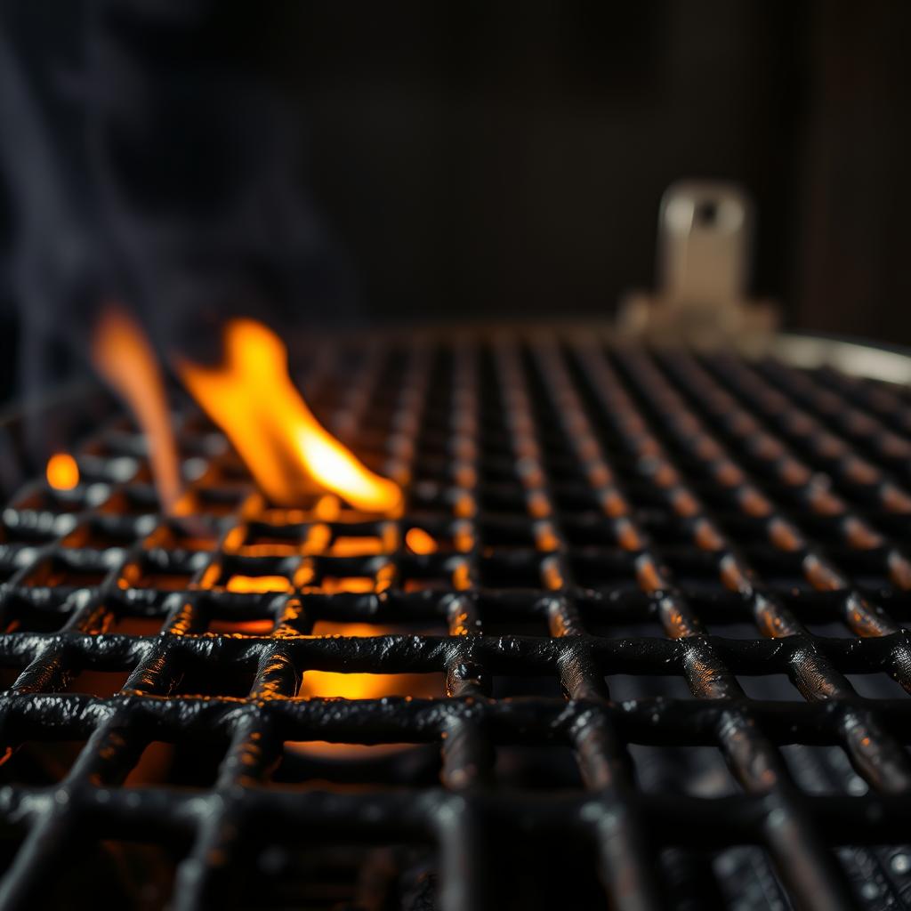 Charcoal grill grates with flames licking up, set to medium-high heat, ideal for cooking vegan burger patties.