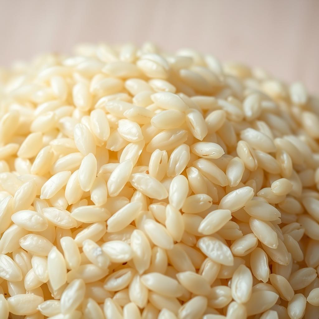 A close-up, high-resolution photograph of a pile of uncooked arborio rice grains, arranged in a natural, textural composition against a clean, neutral background. The grains should be rendered with a crisp, detailed focus, highlighting their distinctive plump, pearly-white appearance and subtle individual variations in shape and size. The lighting should be soft and diffused, creating a warm, inviting mood that accentuates the rice's natural luster and visual appeal. Capture the grains from a slightly elevated angle to emphasize their three-dimensional qualities and create a sense of depth and dimension within the frame. A close-up, high-resolution photograph of a pile of uncooked arborio rice grains, arranged in a natural, textural composition against a clean, neutral background. The grains should be rendered with a crisp, detailed focus, highlighting their distinctive plump, pearly-white appearance and subtle individual variations in shape and size. The lighting should be soft and diffused, creating a warm, inviting mood that accentuates the rice's natural luster and visual appeal. Capture the grains from a slightly elevated angle to emphasize their three-dimensional qualities and create a sense of depth and dimension within the frame.