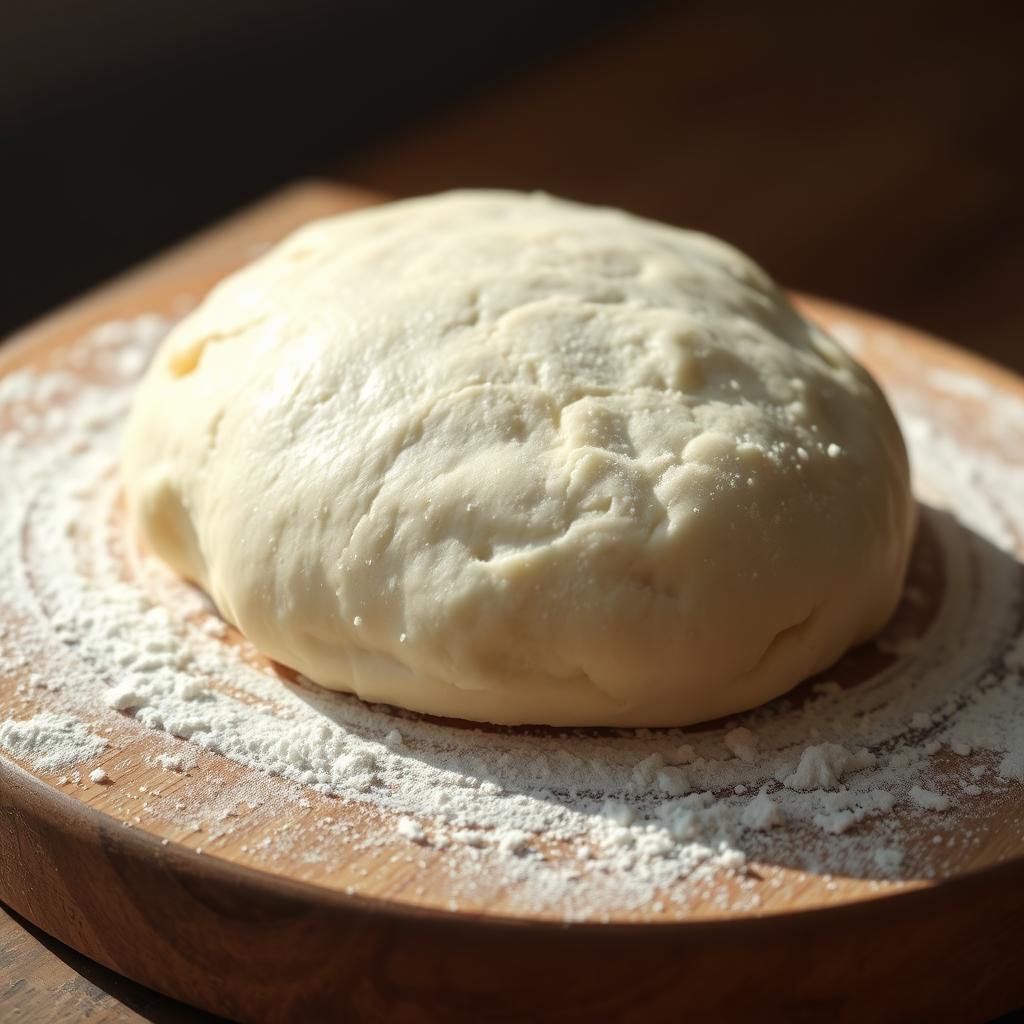 Freshly kneaded vegan pizza dough resting on a floured wooden surface, ready for grilling or baking.