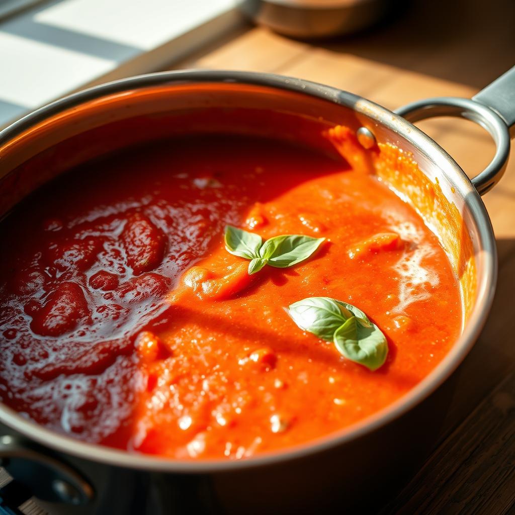 A close-up shot of a rich, creamy tomato-based sauce simmering in a copper saucepan. The sauce has a deep red hue and a glossy, velvety texture, with specks of fresh basil leaves and a hint of garlic aroma wafting through the air. The pan is set on a wooden kitchen counter, bathed in warm, directional lighting that casts soft shadows and highlights the sauce's alluring sheen. The overall scene evokes a sense of culinary mastery and the promise of a flavorful, satisfying pasta dish. Rich, creamy tomato-based sauce simmering in a copper saucepan, garnished with fresh basil leaves, ideal for enhancing vegan ravioli dishes.
