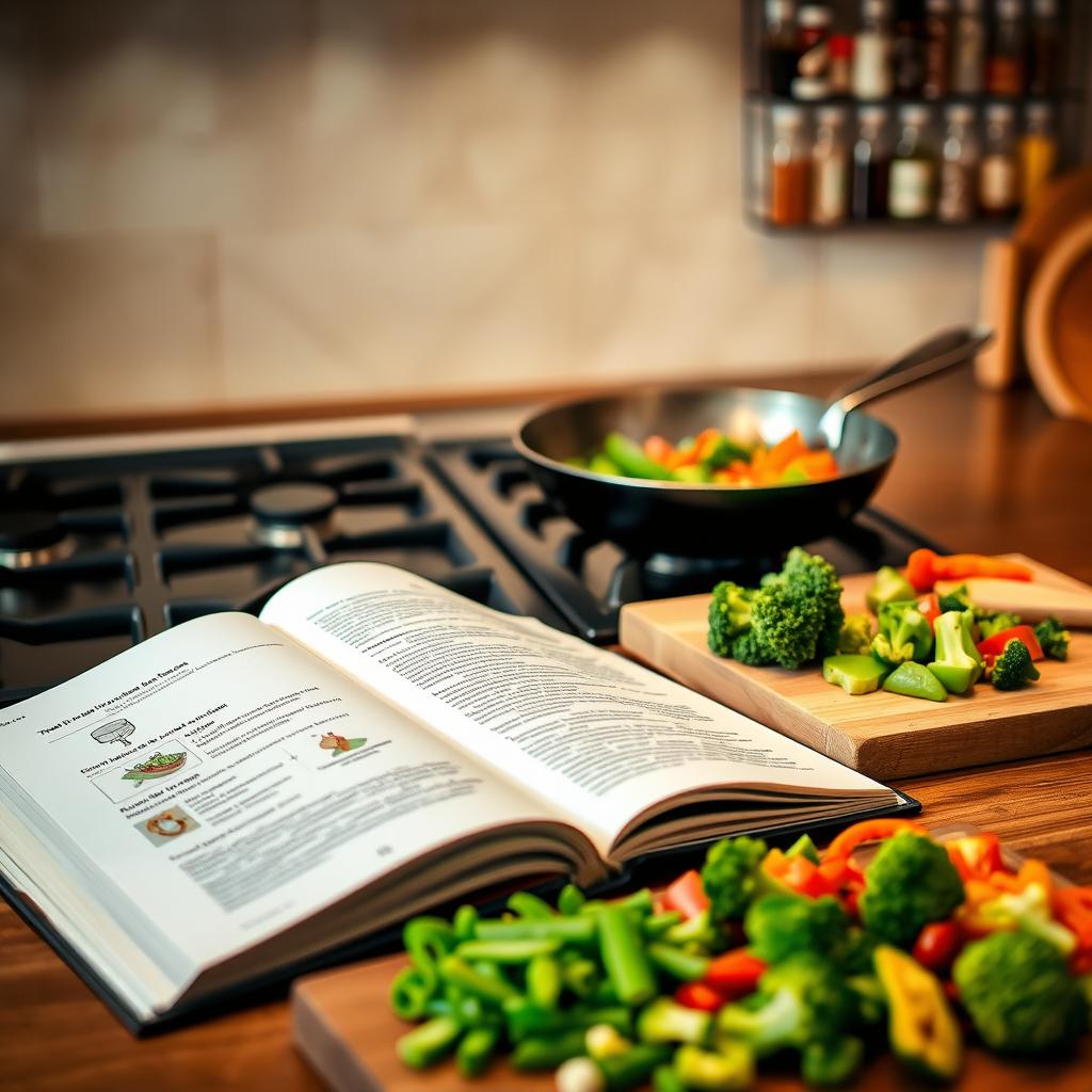 A cozy kitchen counter, illuminated by warm, natural lighting. In the foreground, an open cookbook lays flat, its pages filled with step-by-step illustrations and concise instructions for preparing a vibrant, vegan stir-fry. Beside it, a cutting board with an assortment of freshly chopped vegetables - crisp snap peas, tender broccoli florets, and colorful bell peppers. A wok sizzles on the stovetop, steam rising as the ingredients are expertly combined. The background features a wall-mounted spice rack, offering a diverse array of aromatic seasonings to enhance the flavors. The overall atmosphere exudes a sense of guidance, inspiration, and the promise of a delicious, plant-based culinary experience. A cozy kitchen counter, illuminated by warm, natural lighting. In the foreground, an open cookbook lays flat, its pages filled with step-by-step illustrations and concise instructions for preparing a vibrant, vegan stir-fry. Beside it, a cutting board with an assortment of freshly chopped vegetables - crisp snap peas, tender broccoli florets, and colorful bell peppers. A wok sizzles on the stovetop, steam rising as the ingredients are expertly combined. The background features a wall-mounted spice rack, offering a diverse array of aromatic seasonings to enhance the flavors. The overall atmosphere exudes a sense of guidance, inspiration, and the promise of a delicious, plant-based culinary experience.