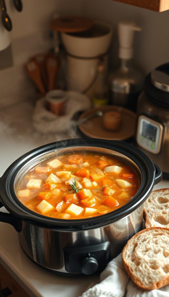 Cozy steam-filled kitchen with a slow cooker simmering hearty vegetable soup, featuring diced carrots and potatoes, alongside slices of bread, emphasizing easy vegan meals for busy weeknights.