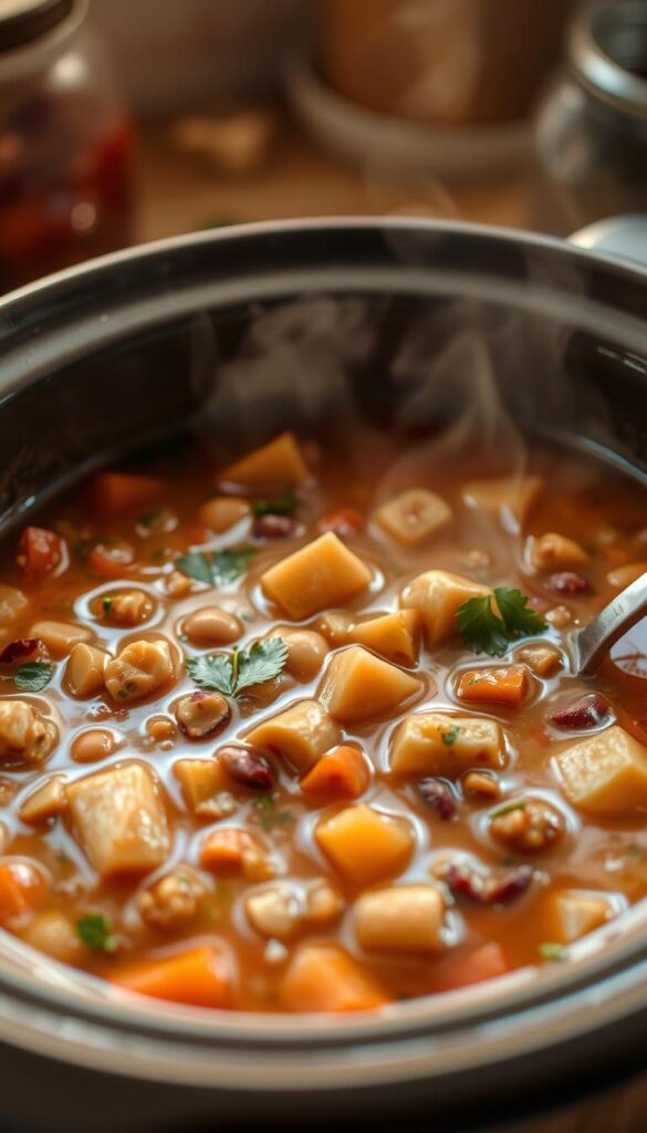 A cozy vegan crock pot brimming with hearty vegetable soup, steam rising in the warm kitchen light. Chunks of root vegetables, tender beans, and savory herbs simmering together in a rich, creamy broth. The earthy aroma fills the air, inviting you to settle in and savor each comforting spoonful. Soft focus on the foreground, with the background subtly blurred, highlighting the simple pleasure of a nourishing, plant-based meal. Warm, inviting tones and a slightly vintage, homemade aesthetic that evokes feelings of soothing nostalgia.