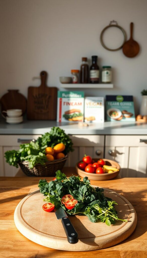 A cozy, well-lit kitchen scene with an open cookbook on a wooden table, showcasing a selection of fresh, colorful vegan ingredients such as leafy greens, vibrant vegetables, and plant-based proteins. The foreground features a warm, rustic-style wooden cutting board with a knife and a few simple, easy-to-prepare vegan meal components. The middle ground displays a range of vegan-friendly cookbooks, spices, and kitchen utensils, suggesting a wealth of quick, delicious dinner options. The background features a minimalist, calming wall decor, creating a welcoming and inspiring atmosphere for the vegan home cook. Soft, natural lighting and a sense of simplicity and approachability pervade the scene.