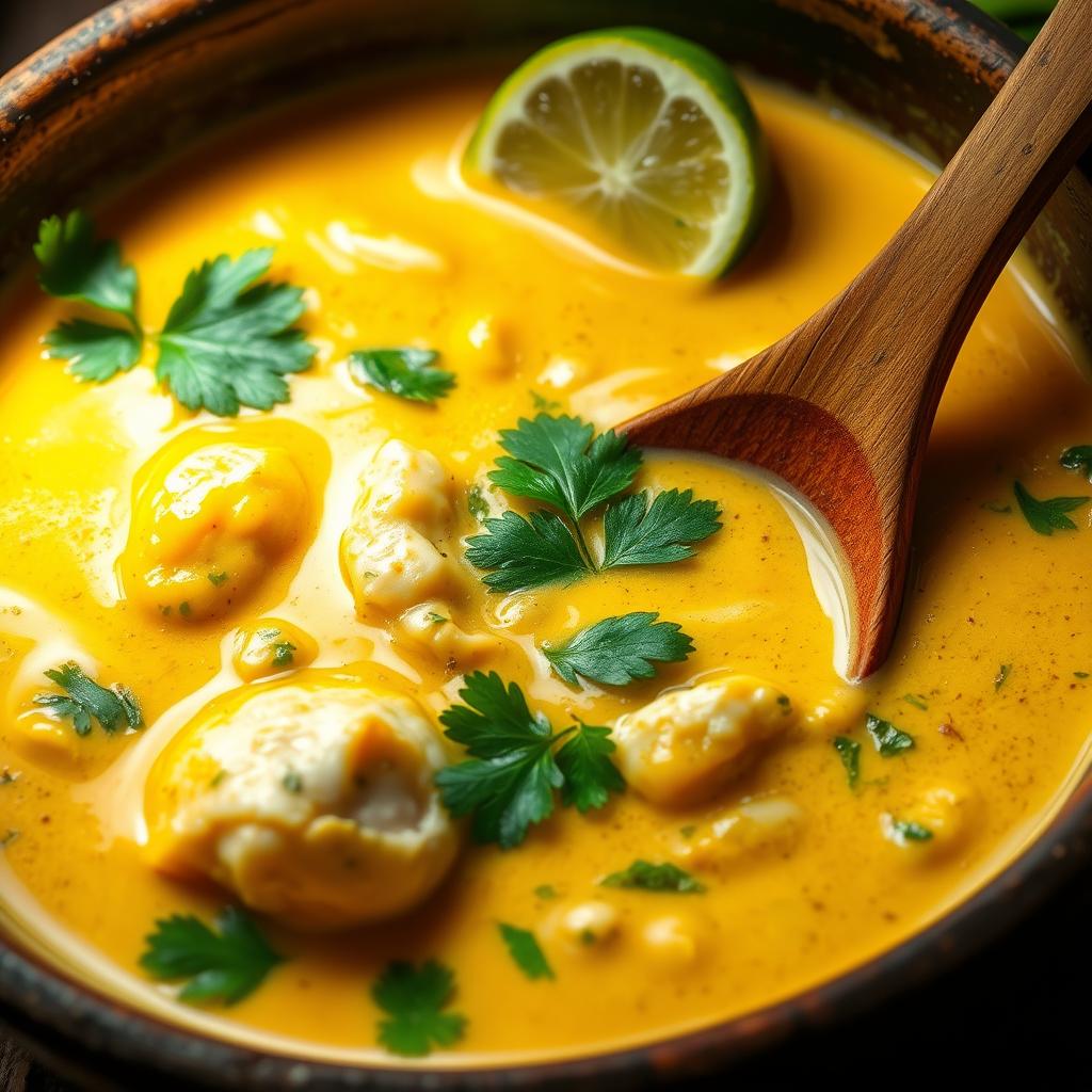 A creamy, fragrant coconut-lime curry simmers in a heavy ceramic bowl, adorned with vibrant green coconut leaves and lime wedges. The rich, golden sauce glistens under warm, diffused lighting, casting a comforting glow. Aromatic spices like turmeric, ginger, and lemongrass imbue the scene with a deeply enticing aroma. The curry's texture is silky-smooth, with flecks of fresh coriander and a subtle hint of heat. A wooden spoon rests invitingly on the edge of the bowl, beckoning the viewer to dive into this luscious, intensely flavorful dish. Creamy coconut lime curry in a ceramic bowl, garnished with fresh cilantro and a lime wedge, showcasing a vibrant, aromatic vegan dish.