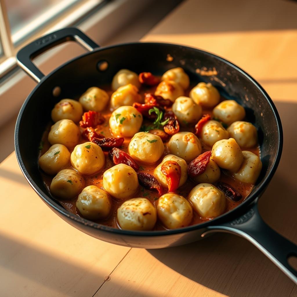 A creamy, sun-dried tomato vegan gnocchi dish, pan-seared to perfection and served in a single cast-iron skillet. The gnocchi are soft and pillowy, coated in a rich, aromatic sauce made with fresh garlic, fragrant herbs, and vibrant sun-dried tomatoes. The dish is bathed in warm, golden light, casting a cozy, inviting glow. The skillet is positioned at a slight angle, showcasing the texture of the gnocchi and the luscious sauce. The background is blurred, keeping the focus on the delectable main attraction. This mouthwatering scene captures the essence of the "Creamy sun-dried tomato vegan gnocchi in one skillet" section, enticing the viewer to dive in and savor every bite.