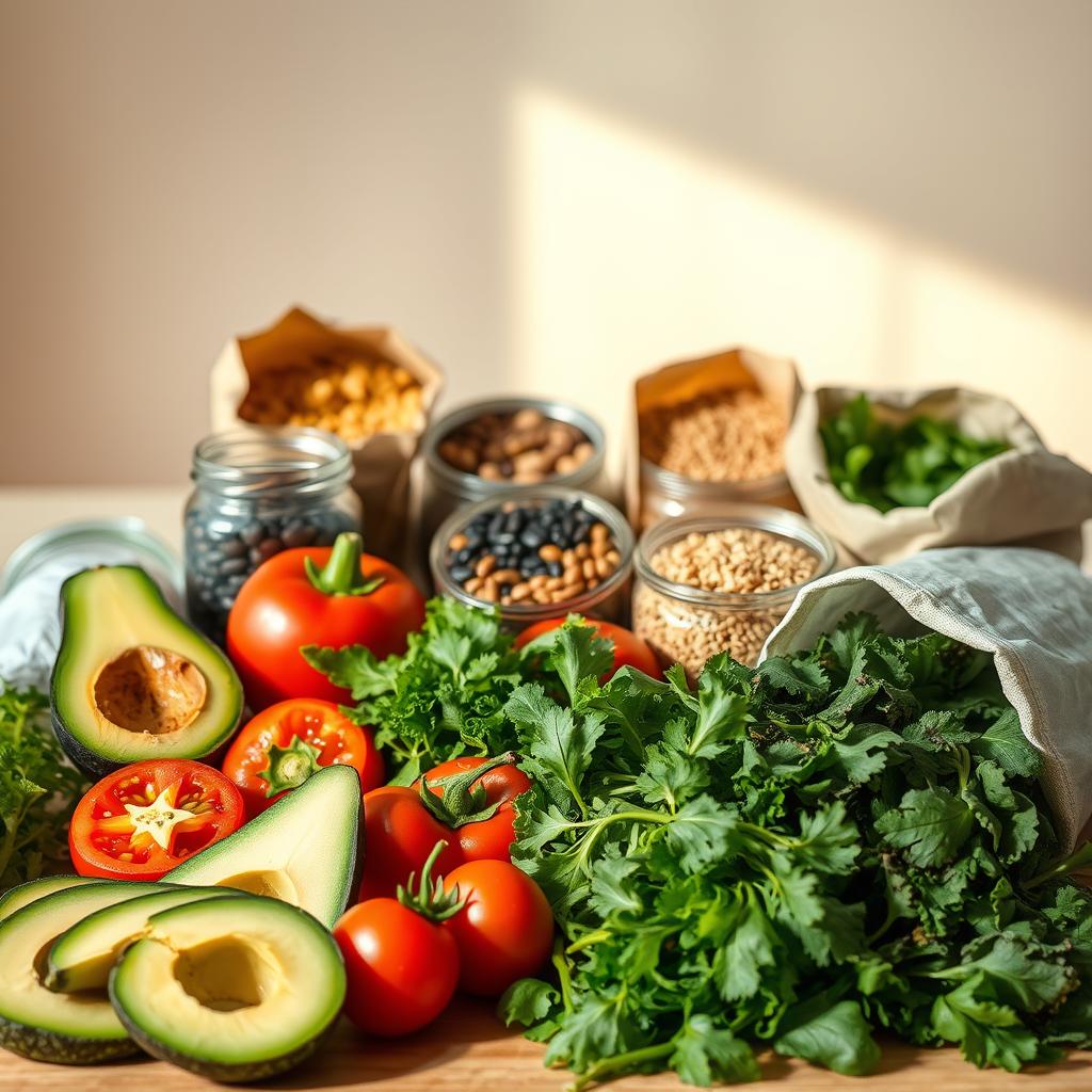 A crisp, clean image showcasing a neatly organized array of fresh, vibrant ingredients for a vegan burrito. The foreground features an assortment of colorful produce - ripe avocado slices, juicy tomato wedges, crunchy green bell peppers, and tender leafy greens. In the middle ground, various legumes and whole grains spill out of open jars and bags, including black beans, brown rice, and quinoa. The background has a softly blurred, minimalist setting, allowing the ingredients to be the focal point. Warm, natural lighting casts a pleasant glow, highlighting the textures and hues of the plant-based elements. The overall composition conveys an appetizing, healthy, and approachable vegan meal. A crisp, clean image showcasing a neatly organized array of fresh, vibrant ingredients for a vegan burrito. The foreground features an assortment of colorful produce - ripe avocado slices, juicy tomato wedges, crunchy green bell peppers, and tender leafy greens. In the middle ground, various legumes and whole grains spill out of open jars and bags, including black beans, brown rice, and quinoa. The background has a softly blurred, minimalist setting, allowing the ingredients to be the focal point. Warm, natural lighting casts a pleasant glow, highlighting the textures and hues of the plant-based elements. The overall composition conveys an appetizing, healthy, and approachable vegan meal.