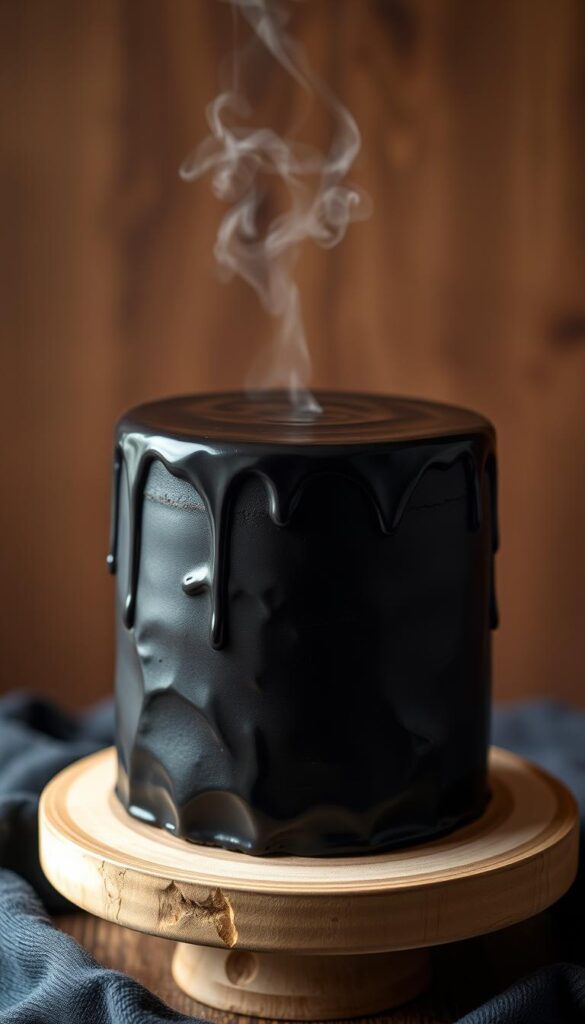 A decadent, moist black ganache cake takes center stage, its silky smooth surface reflecting the soft lighting above. The cake stands tall on a simple wooden platform, its glossy ebony hue contrasting beautifully with the warm tones of the background. Delicate wisps of steam rise from the cake, hinting at its rich, velvety interior. The composition is balanced, with the cake filling the frame and the lighting creating a cozy, intimate atmosphere. This vegan showstopper is a true feast for the senses, inviting the viewer to imagine the deep, complex flavors and indulgent texture of this Halloween-inspired dessert. A decadent, moist black ganache cake takes center stage, its silky smooth surface reflecting the soft lighting above. The cake stands tall on a simple wooden platform, its glossy ebony hue contrasting beautifully with the warm tones of the background. Delicate wisps of steam rise from the cake, hinting at its rich, velvety interior. The composition is balanced, with the cake filling the frame and the lighting creating a cozy, intimate atmosphere. This vegan showstopper is a true feast for the senses, inviting the viewer to imagine the deep, complex flavors and indulgent texture of this Halloween-inspired dessert.