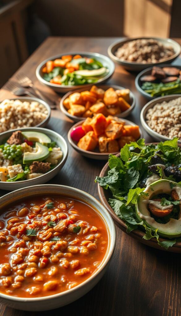 A delectable spread of vegan dinner recipes arranged on a rustic wooden table, bathed in warm, natural lighting. In the foreground, a steaming bowl of hearty lentil stew, garnished with fresh herbs. Alongside, a crisp, leafy salad with vibrant vegetables and a creamy avocado dressing. In the middle, a platter of roasted sweet potatoes and cauliflower, drizzled with a tangy tahini sauce. In the background, a selection of whole grains, such as quinoa and brown rice, accompanied by sautéed greens and a selection of vegan protein sources, like tofu and tempeh. The overall mood is one of simplicity, nourishment, and the inviting aromas of a wholesome, easy-to-prepare vegan meal. A vibrant spread of easy vegan dinner recipes featuring a hearty bean stew, assorted roasted vegetables, grains, and fresh salads, arranged on a rustic wooden table, emphasizing quick and healthy meal options.