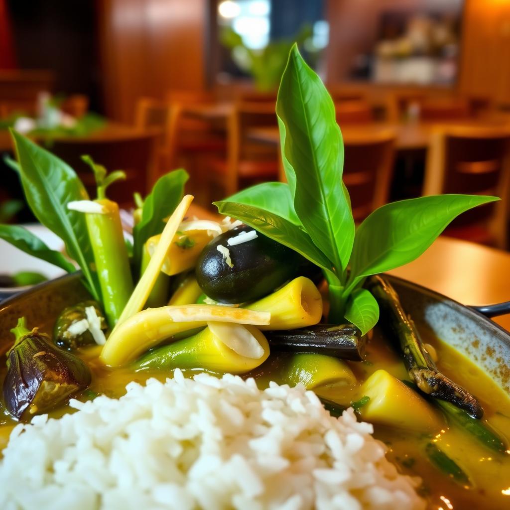 A delectable vegan green curry, simmering in a vibrant coconut milk-based sauce. The foreground features an array of fresh vegetables - tender eggplant, crisp bamboo shoots, and aromatic kaffir lime leaves. Slivers of toasted coconut and sprigs of Thai basil add texture and a hint of sweetness. The midground showcases a generous serving of steaming jasmine rice, ready to soak up the rich, fragrant curry. The background hints at a cozy, dimly lit Thai restaurant setting, with wooden furniture and warm lighting casting a soft glow. The scene exudes an air of authenticity, inviting the viewer to savor the comforting flavors of this vegan-friendly Thai delicacy.