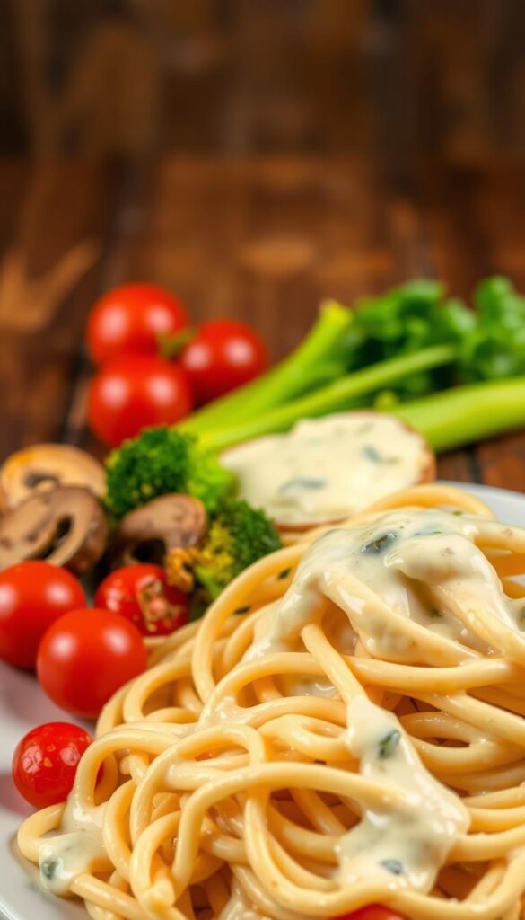 A delectable vegan pasta dish with a creamy, luscious sauce that's free of dairy. In the foreground, a plate of freshly cooked pasta, its strands glistening with a smooth, silky white sauce. The middle ground features vibrant vegetables - sautéed mushrooms, tender broccoli florets, and juicy cherry tomatoes - complementing the pasta. The background showcases a rustic wooden table, bathed in warm, diffused lighting that casts a cozy, inviting atmosphere. The overall scene conveys a sense of comfort and nourishment, perfectly embodying the "Creamy vegan pasta favorites without dairy" theme.