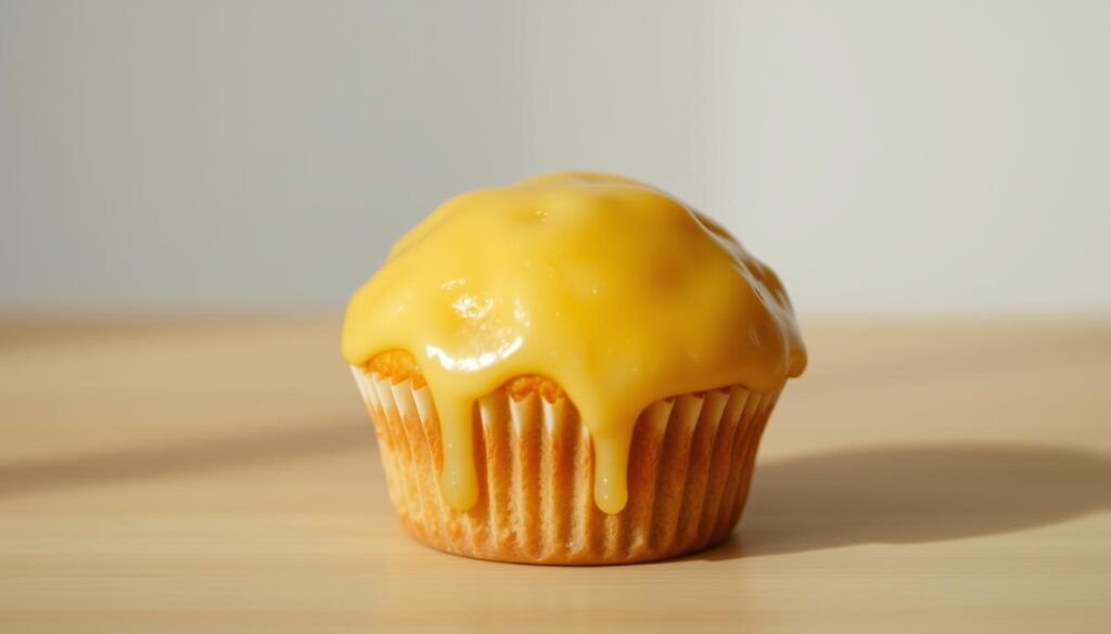 A freshly baked lemon glaze muffin sits on a light wooden surface, its golden top gleaming in the warm, natural lighting. The muffin's domed shape is accentuated by the soft, even lighting, casting gentle shadows that add depth and dimension. The lemon glaze, a vibrant yellow hue, glistens temptingly, inviting the viewer to imagine its tangy, sweet flavor. The muffin is framed against a slightly blurred, minimalist background, allowing the pastry to be the focal point. The overall mood is one of simplicity, elegance, and an irresistible bakery-fresh appeal. A freshly baked lemon glaze muffin sits on a light wooden surface, its golden top gleaming in the warm, natural lighting. The muffin's domed shape is accentuated by the soft, even lighting, casting gentle shadows that add depth and dimension. The lemon glaze, a vibrant yellow hue, glistens temptingly, inviting the viewer to imagine its tangy, sweet flavor. The muffin is framed against a slightly blurred, minimalist background, allowing the pastry to be the focal point. The overall mood is one of simplicity, elegance, and an irresistible bakery-fresh appeal.