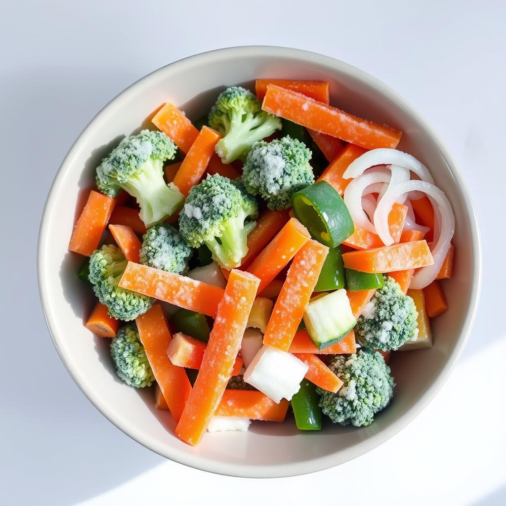 A frozen medley of fresh vegetables, including broccoli florets, sliced carrots, julienned bell peppers, and diced onions, arranged in a modern ceramic bowl. The vegetables are coated in a light layer of frost, conveying a sense of chilly freshness. Soft, natural lighting from the side creates gentle shadows, highlighting the textures and colors of the produce. The composition is clean and minimalist, placing the focus on the quality and variety of the frozen veggies. This image evokes a sense of convenience and ease, perfect for illustrating a quick and healthy stir-fry dish. A frozen medley of fresh vegetables, including broccoli florets, sliced carrots, julienned bell peppers, and diced onions, arranged in a modern ceramic bowl. The vegetables are coated in a light layer of frost, conveying a sense of chilly freshness. Soft, natural lighting from the side creates gentle shadows, highlighting the textures and colors of the produce. The composition is clean and minimalist, placing the focus on the quality and variety of the frozen veggies. This image evokes a sense of convenience and ease, perfect for illustrating a quick and healthy stir-fry dish.