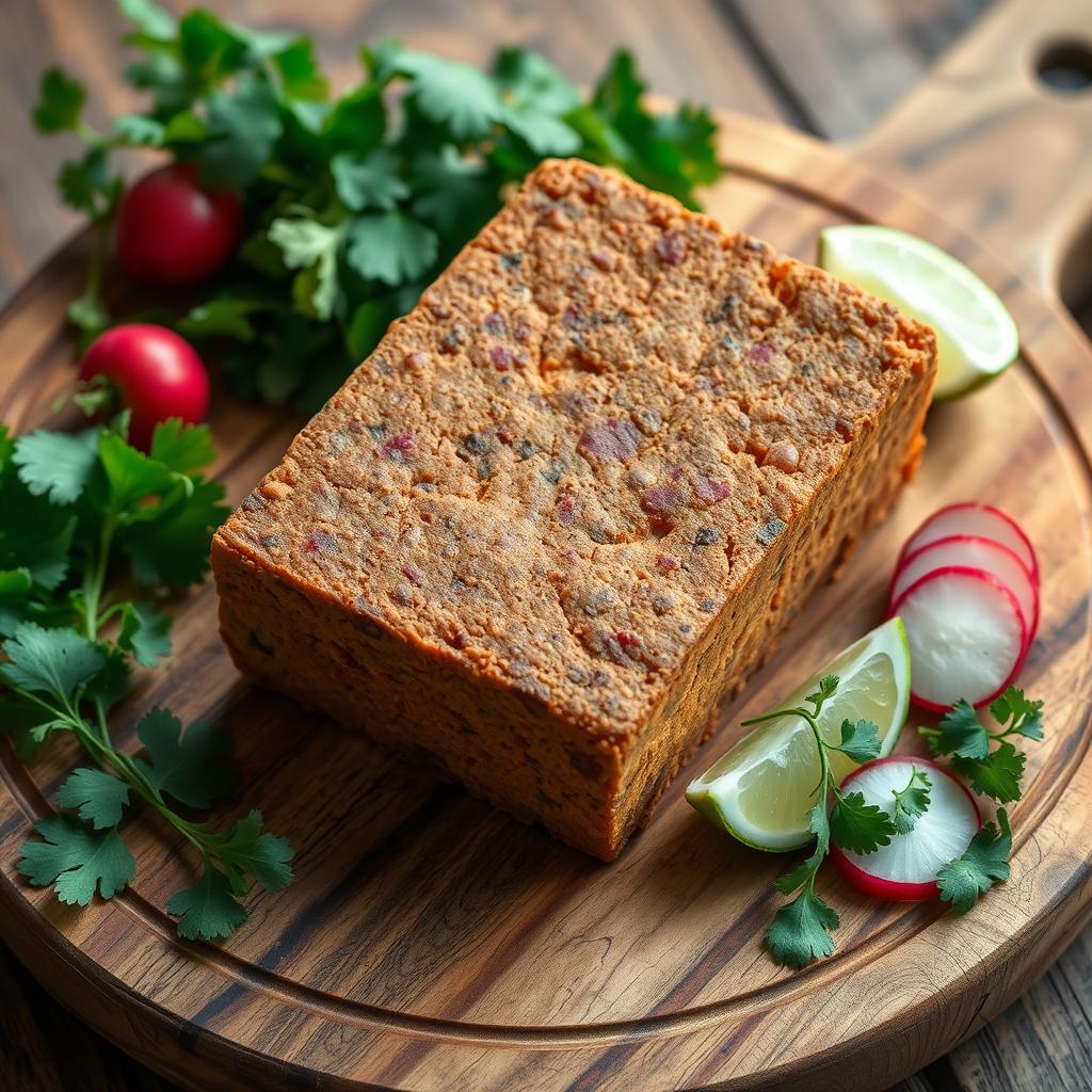 A high-quality, artisanal tempeh block with a vibrant brown hue, presented in a rustic, natural setting. The tempeh is placed on a wooden cutting board, surrounded by fresh herbs like cilantro and oregano, as well as a few sliced radishes and a lime wedge. The lighting is soft and natural, creating a warm, inviting atmosphere. The composition is balanced, with the tempeh as the focal point, showcasing its texture and overall appearance. The image conveys the idea of a wholesome, plant-based ingredient that is essential for crafting delicious vegan tacos. A high-quality, artisanal tempeh block with a vibrant brown hue, presented in a rustic, natural setting. The tempeh is placed on a wooden cutting board, surrounded by fresh herbs like cilantro and oregano, as well as a few sliced radishes and a lime wedge. The lighting is soft and natural, creating a warm, inviting atmosphere. The composition is balanced, with the tempeh as the focal point, showcasing its texture and overall appearance. The image conveys the idea of a wholesome, plant-based ingredient that is essential for crafting delicious vegan tacos.