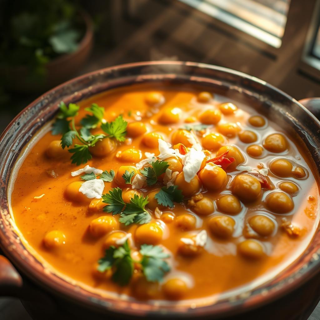 Chickpea coconut curry simmering in a clay pot, garnished with fresh cilantro and red chili flakes, showcasing a vibrant orange sauce.