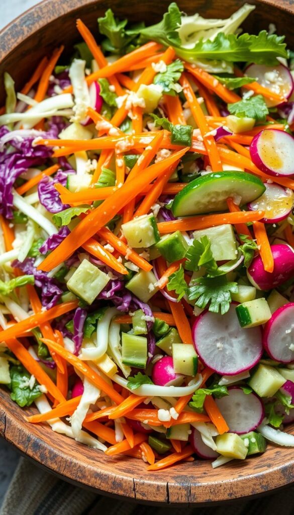 A lush, vibrant salad with a variety of fresh, crisp vegetables, including shredded cabbage, julienned carrots, diced cucumbers, and sliced radishes. The salad is arranged in a rustic wooden bowl, with a light, tangy dressing drizzled over the top, creating a visually appealing and appetizing display. The lighting is soft and natural, highlighting the colors and textures of the ingredients. The overall mood is fresh, healthy, and inviting, perfectly capturing the essence of the "Raw and crunchy: salads and cabbage slaw ideas" section of the article. A lush, vibrant salad with a variety of fresh, crisp vegetables, including shredded cabbage, julienned carrots, diced cucumbers, and sliced radishes. The salad is arranged in a rustic wooden bowl, with a light, tangy dressing drizzled over the top, creating a visually appealing and appetizing display. The lighting is soft and natural, highlighting the colors and textures of the ingredients. The overall mood is fresh, healthy, and inviting, perfectly capturing the essence of the "Raw and crunchy: salads and cabbage slaw ideas" section of the article.