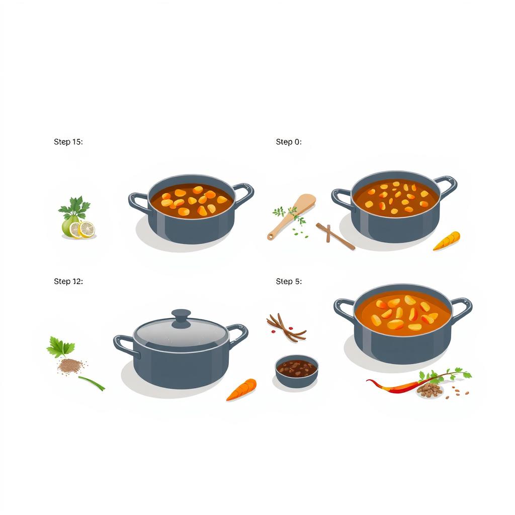 Step-by-step illustration of vegan curry preparation, featuring pots, spices, and vegetables like carrots and herbs, emphasizing a clear cooking process.