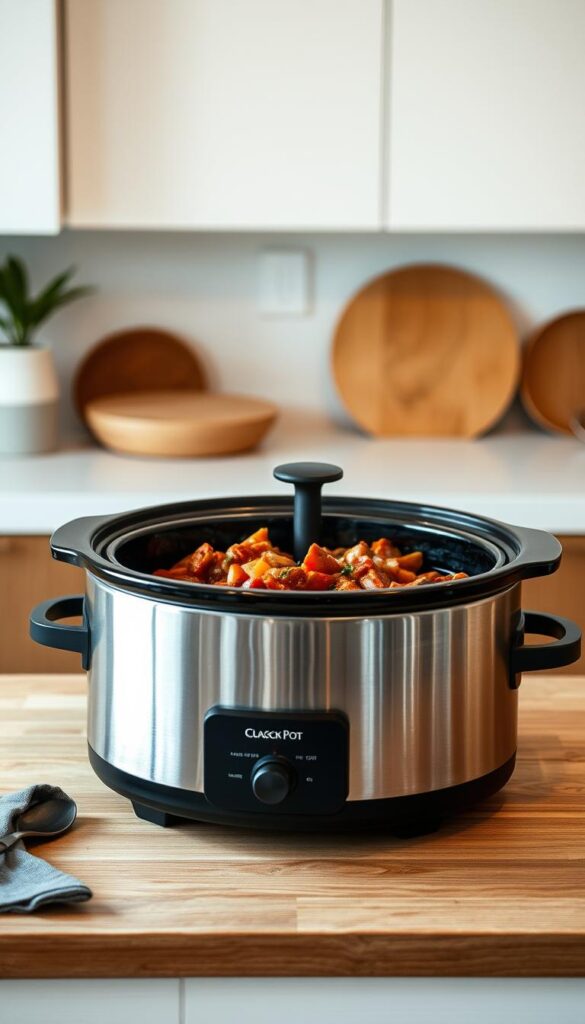 A modern, stainless steel slow cooker sits on a wooden kitchen counter, its lid slightly ajar, steam gently rising. The interior is filled with a hearty, plant-based stew, its rich, earthy aromas filling the air. Soft lighting from above casts a warm, inviting glow, highlighting the cooker's sleek, minimalist design. In the background, a simple, uncluttered kitchen scene, with clean white walls and subtle natural accents, creates a calming, relaxed atmosphere. The overall impression is one of effortless, time-saving convenience - a vegan crock pot recipe ready to nourish and delight on a busy day.