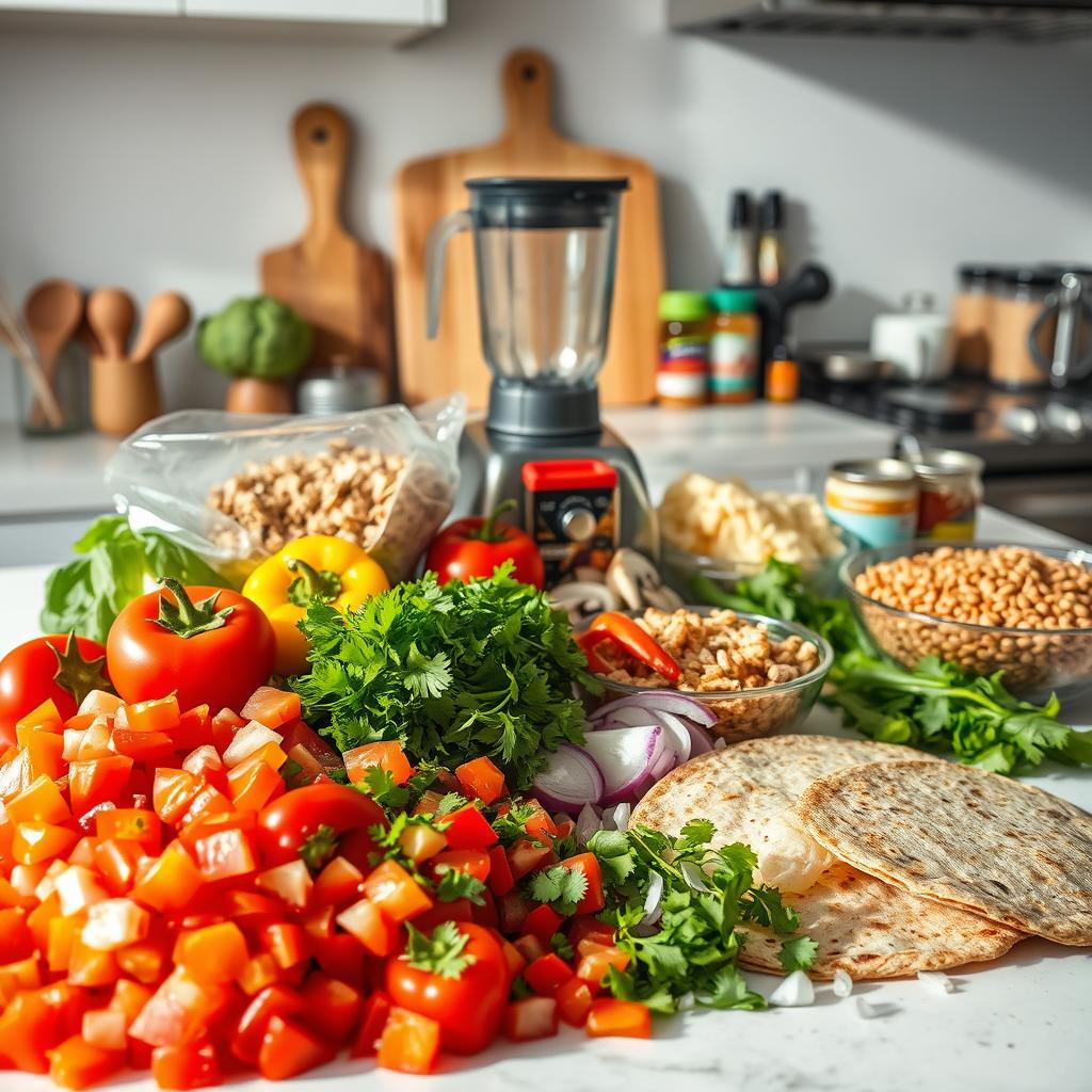 Neatly organized kitchen counter featuring vibrant diced tomatoes, fresh cilantro, yellow and red bell peppers, tortillas, and a blender, illustrating preparation for vegan quesadilla recipes.
