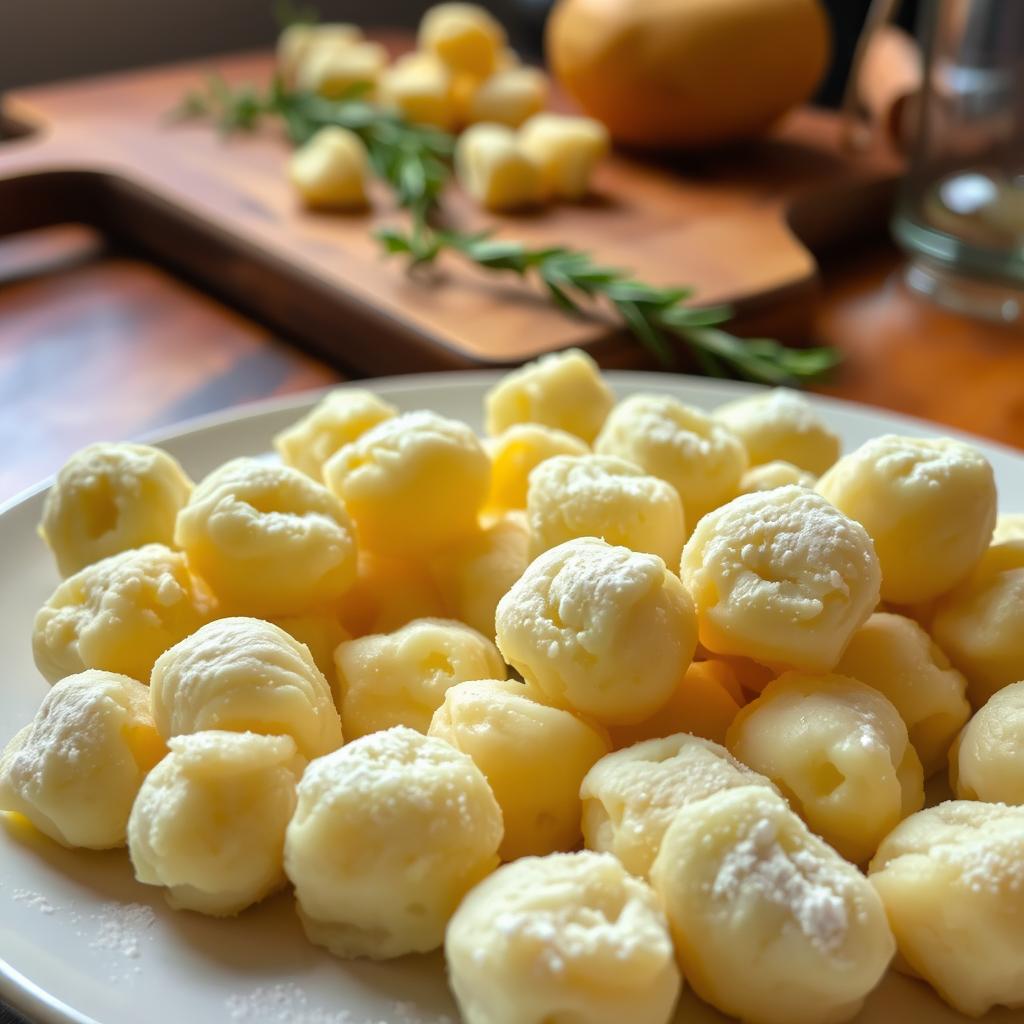 A plate of freshly made vegan gnocchi, hand-formed from fluffy mashed potatoes, lies in the foreground. The gnocchi are dusted with a light coating of flour, their irregular shapes and dimpled surfaces catching the warm, soft lighting from above. In the middle ground, a wooden board or surface provides a rustic backdrop, with a scattering of fresh herbs, such as rosemary or thyme, adding pops of green. The background is blurred, hinting at a cozy, homey kitchen environment, perhaps with the faint outlines of other cooking utensils or ingredients. The overall mood is one of simple, hearty comfort food, inviting the viewer to imagine the satisfying texture and flavor of these homemade, plant-based gnocchi.