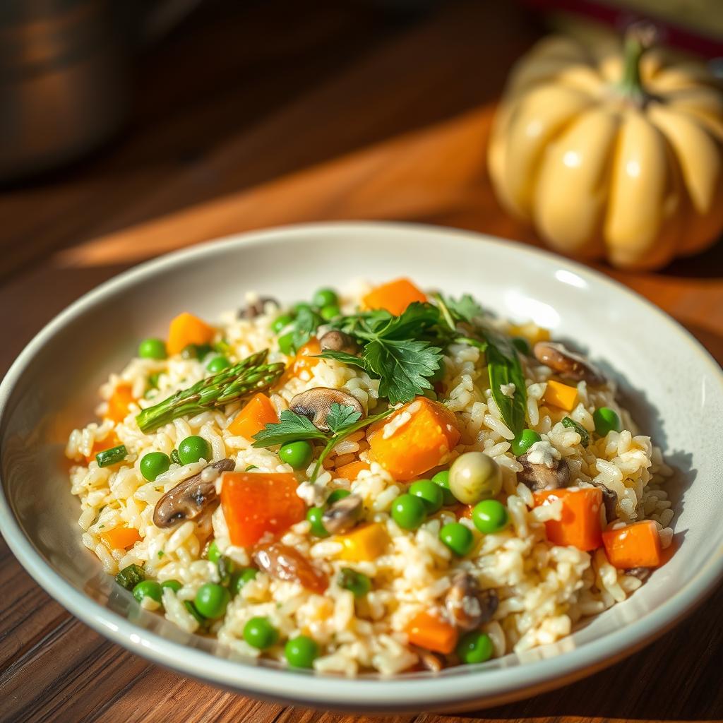 A seasonal vegan risotto with vibrant vegetables, garnished with fresh herbs and a drizzle of olive oil. The risotto rice is perfectly cooked, creamy and al dente, with a medley of seasonal produce like butternut squash, asparagus, peas, and mushrooms. The lighting is warm and natural, creating a cozy, inviting atmosphere. The image is captured from a slightly elevated angle, showcasing the layers of textures and colors in the dish. The overall mood is one of comfort and freshness, reflecting the essence of a delicious, plant-based seasonal risotto. A seasonal vegan risotto with vibrant vegetables, garnished with fresh herbs and a drizzle of olive oil. The risotto rice is perfectly cooked, creamy and al dente, with a medley of seasonal produce like butternut squash, asparagus, peas, and mushrooms. The lighting is warm and natural, creating a cozy, inviting atmosphere. The image is captured from a slightly elevated angle, showcasing the layers of textures and colors in the dish. The overall mood is one of comfort and freshness, reflecting the essence of a delicious, plant-based seasonal risotto.