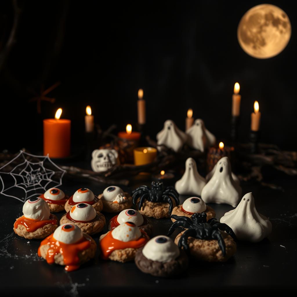 Spooky assortment of vegan Halloween treats including cookies topped with edible eyes and orange drizzle, spider decorations, and ghost-shaped meringues, set against a dark, moody backdrop with candles and a full moon.