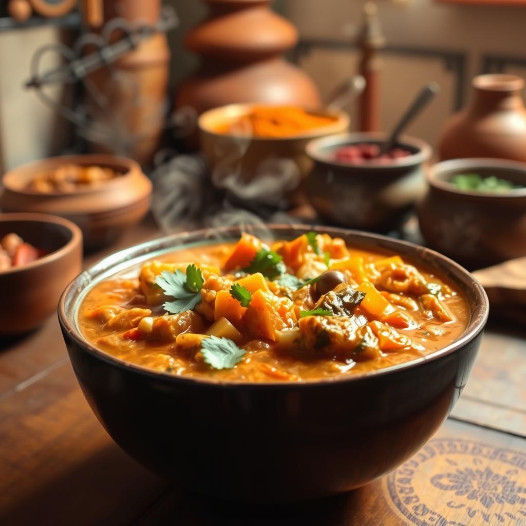 A steaming bowl of aromatic vegan Indian curry with vibrant vegetables, garnished with fresh cilantro, set against a rustic background of spices and traditional cookware.