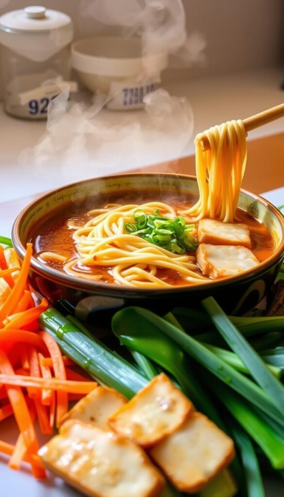A steaming bowl of instant noodles, freshly cooked with a rich, savory broth, surrounded by an array of quick-to-prepare vegan toppings. The noodles glisten under the warm, diffused lighting, casting a comforting glow. In the foreground, julienned carrots, crisp bok choy, and fresh green onions add vibrant pops of color. In the middle ground, a few slices of marinated tofu provide a satisfying protein boost. The background features a simple, minimalist kitchen counter, hinting at the ease and convenience of this lightning-fast vegan dinner option. The overall scene conveys a sense of simplicity, warmth, and efficiency, perfectly capturing the "fastest picks for dinner tonight" theme. Steaming bowl of instant noodles with rich broth, topped with green onions, surrounded by fresh carrots, scallions, and tofu slices, illustrating quick vegan meal ideas.