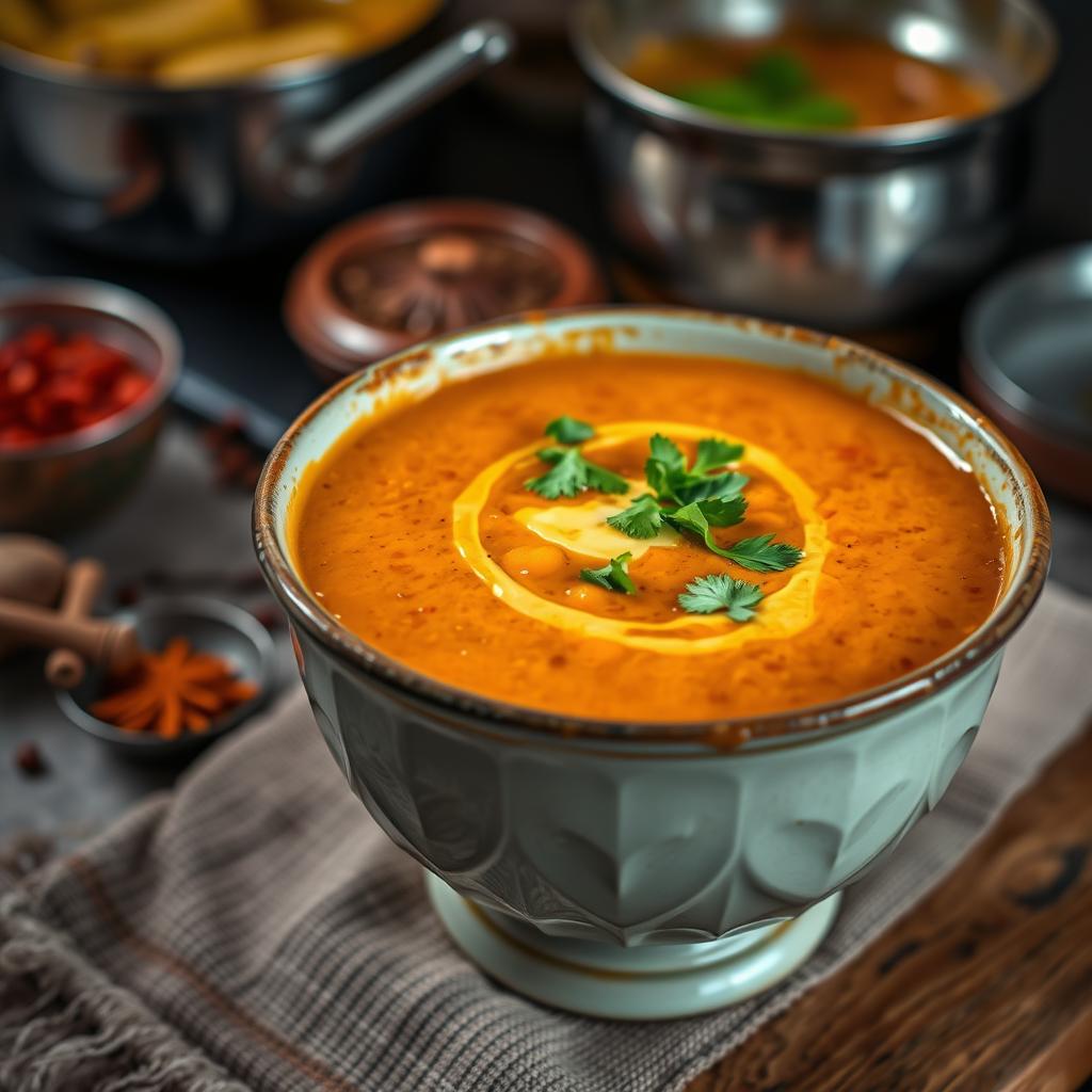 Steaming bowl of masoor dal, vibrant orange-red lentils topped with creamy swirl and fresh cilantro, surrounded by spices and cooking utensils, representing quick and easy vegan Indian recipes.