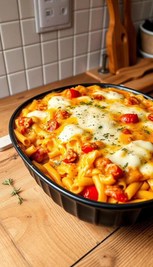 Steaming vegan pasta bake with golden-brown noodles, melted cheese alternatives, and fresh tomatoes in a black dish on a rustic wooden table, emphasizing comfort food for weeknight meals.